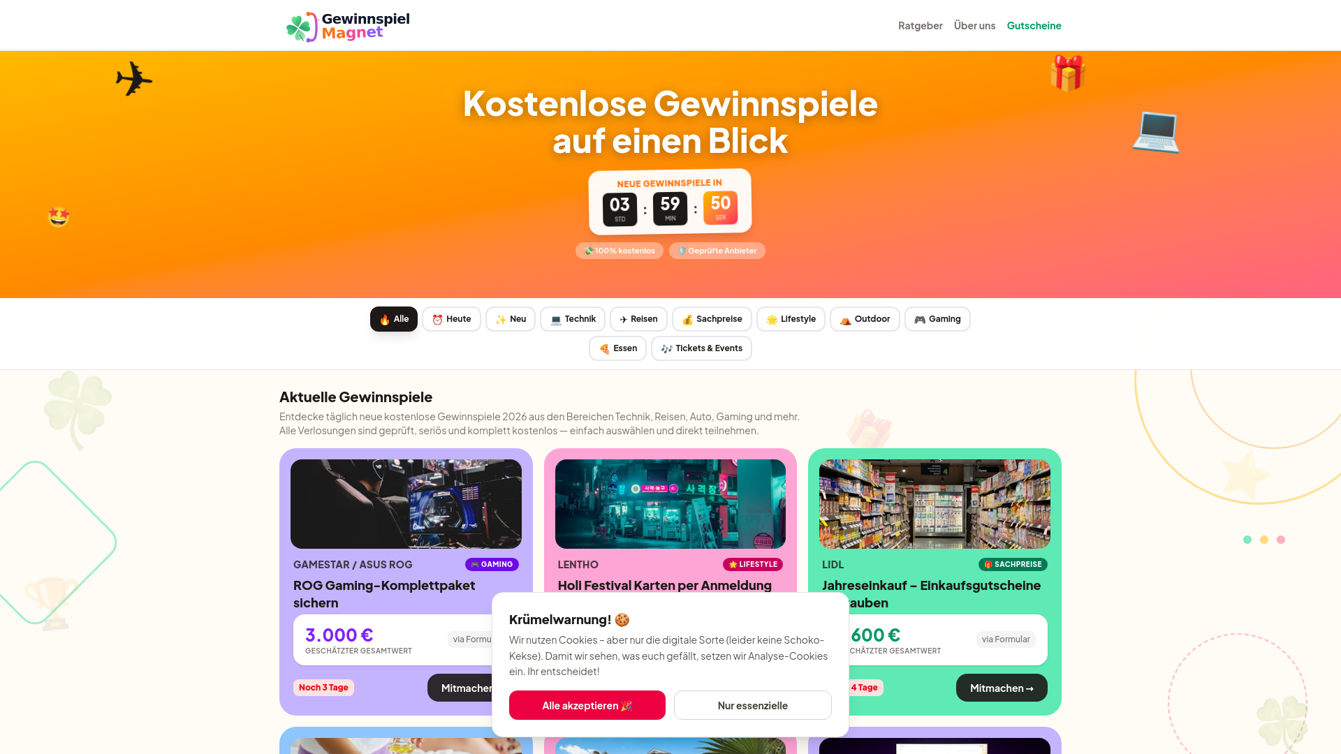 website screenshot of https://gewinnspielmagnet.de/