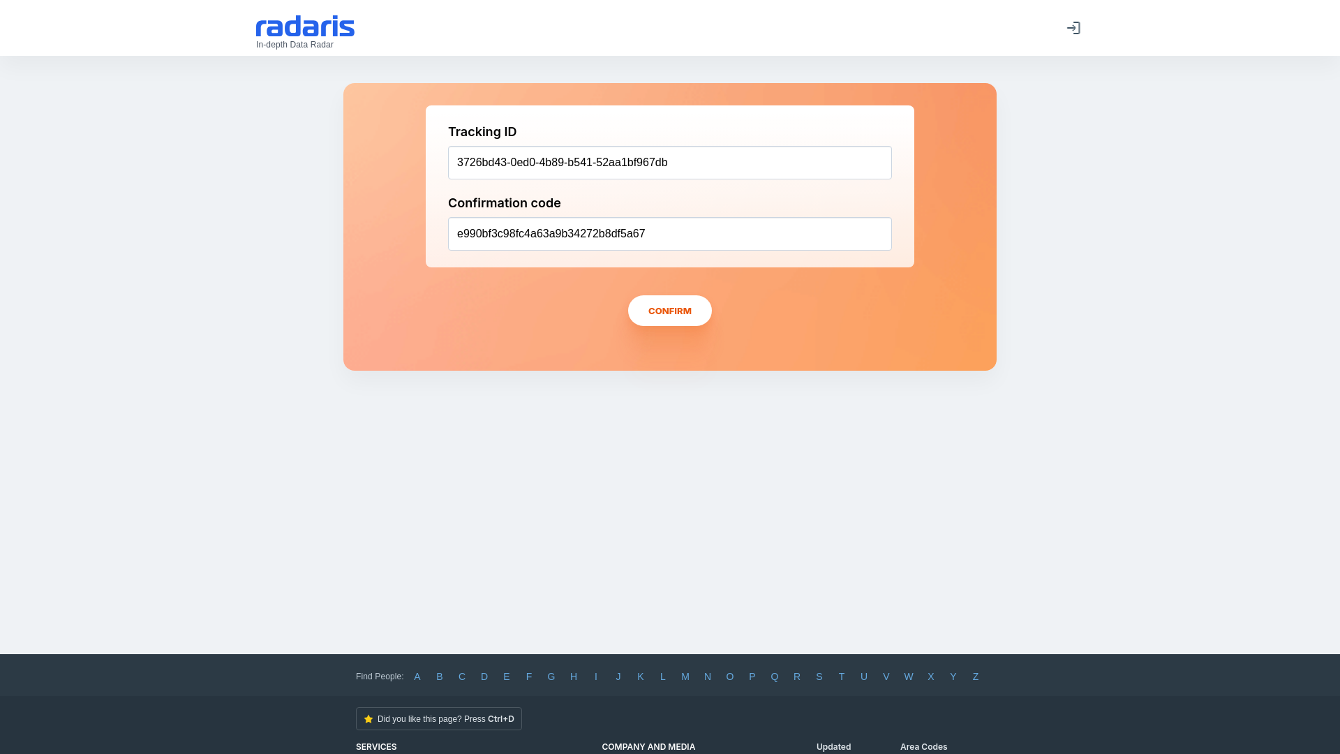 website screenshot of https://radaris.com/ng/control/confirm_request?id=3726bd43-0ed0-4b89-b541-52aa1bf967db&code=e990bf3c98fc4a63a9b34272b8df5a67