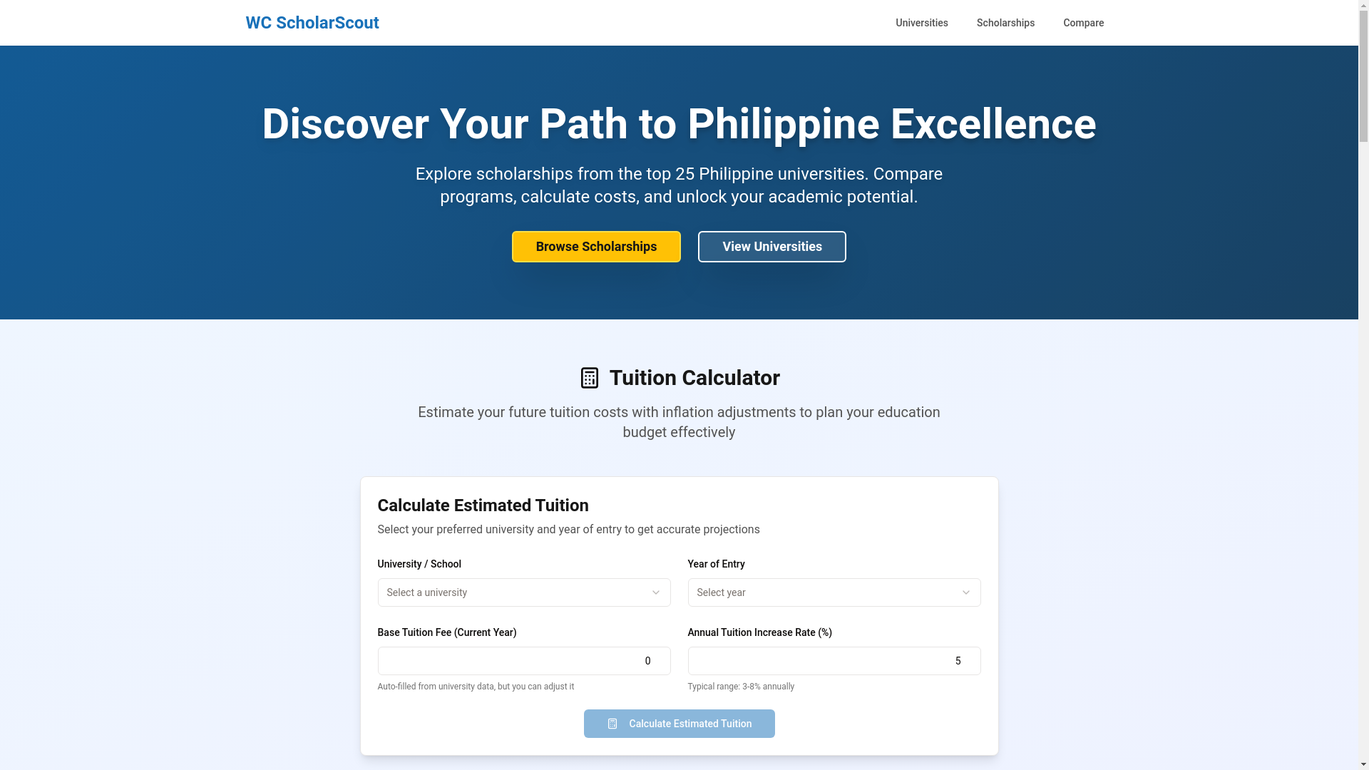 website screenshot of https://wcscholarscout.com/