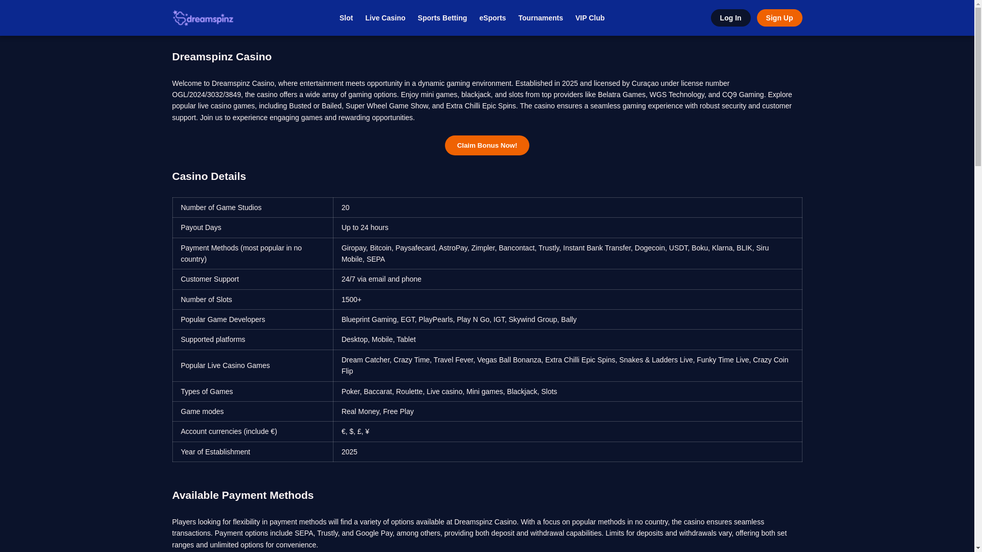 website screenshot of https://dreamspinz-eu.pages.dev/