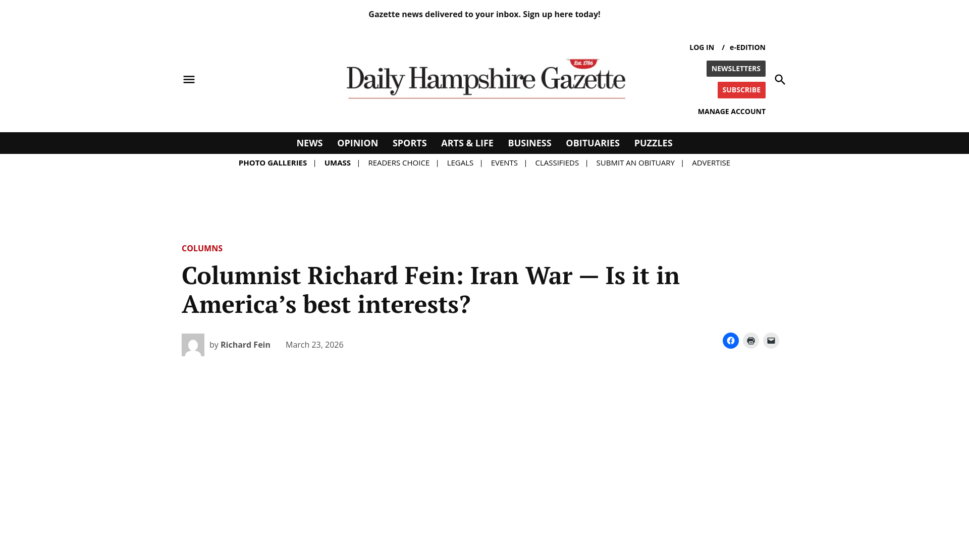 website screenshot of https://gazettenet.com/2026/03/23/columnist-richard-fein-iran-war-is-it-in-americas-best-interests/