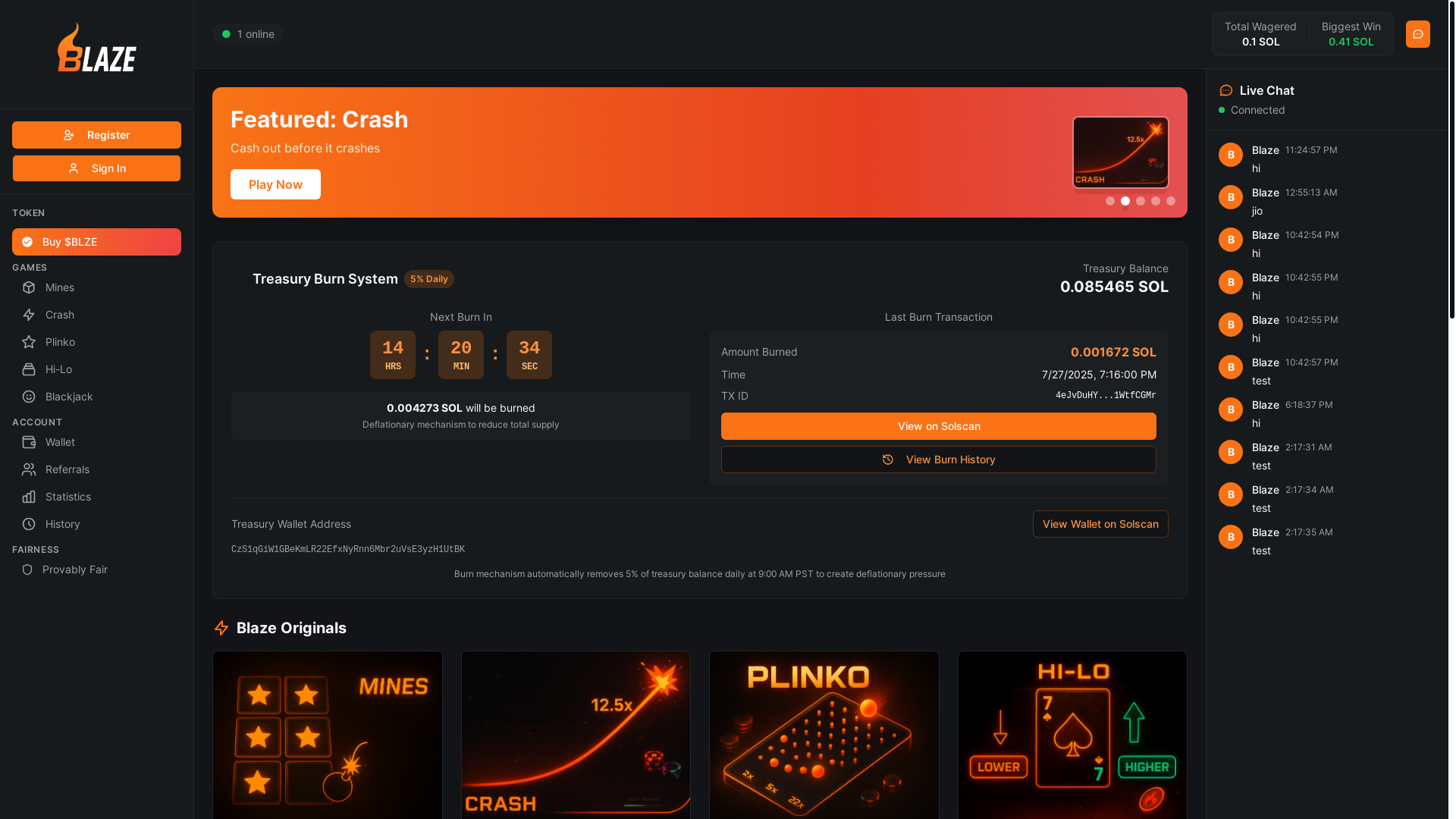 website screenshot of https://blazecasino.vip/