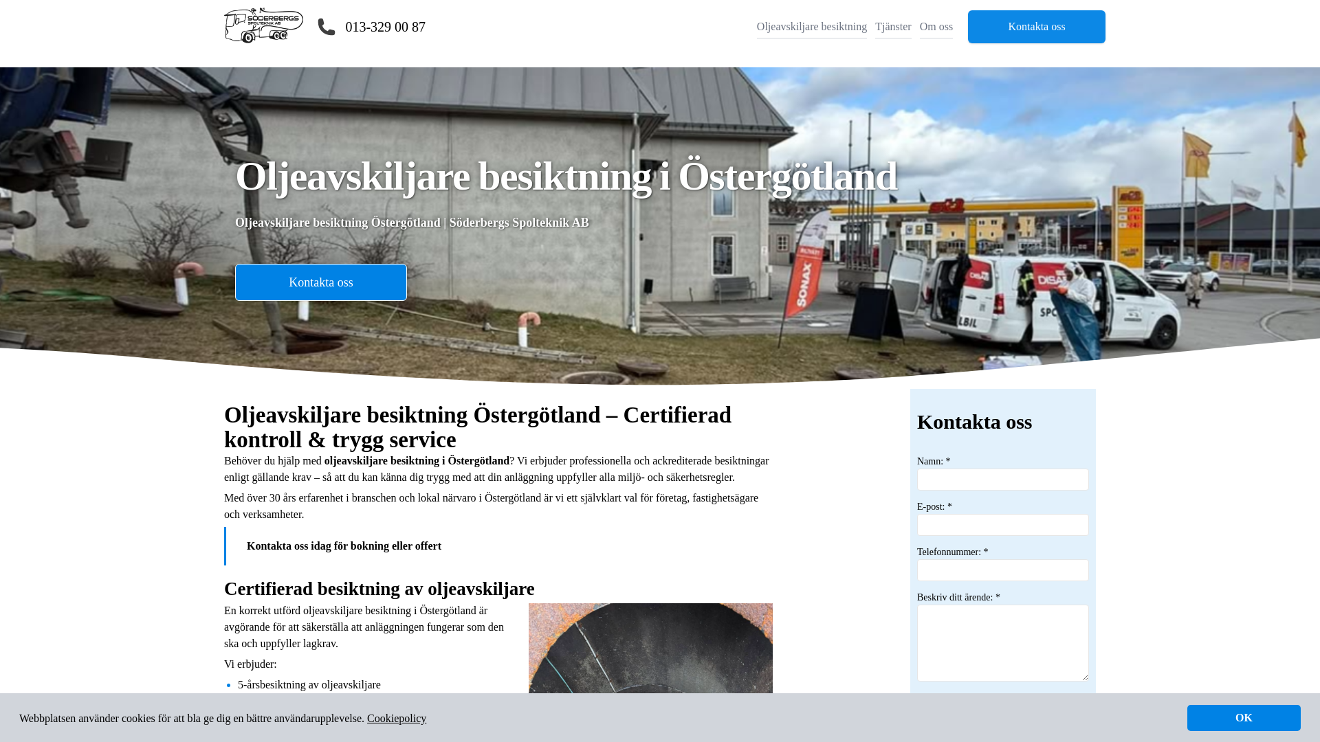website screenshot of https://oljeavskiljarebesiktningostergotland.se