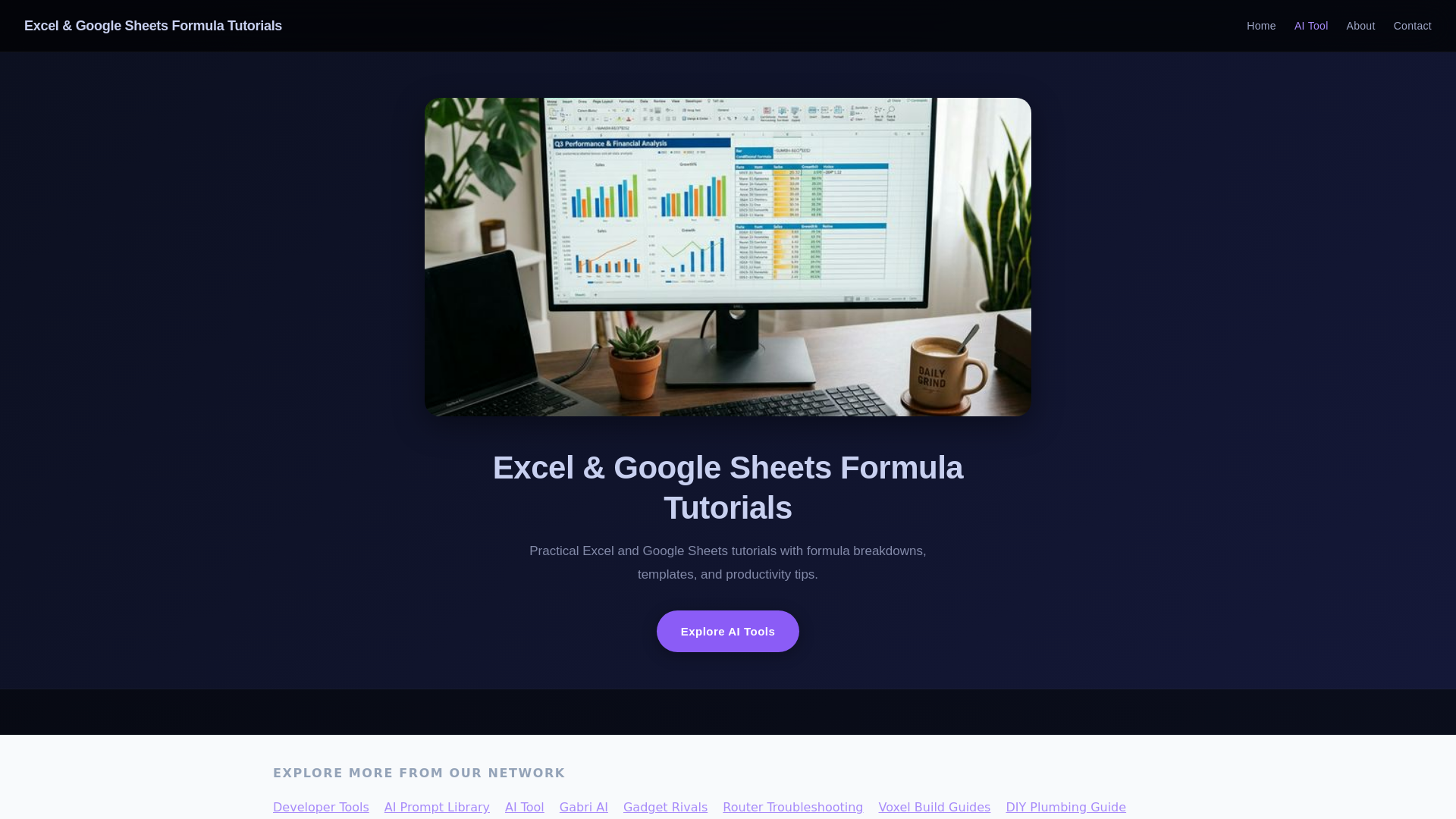 website screenshot of https://excel-google-sheets-formula-tutorials.pages.dev/