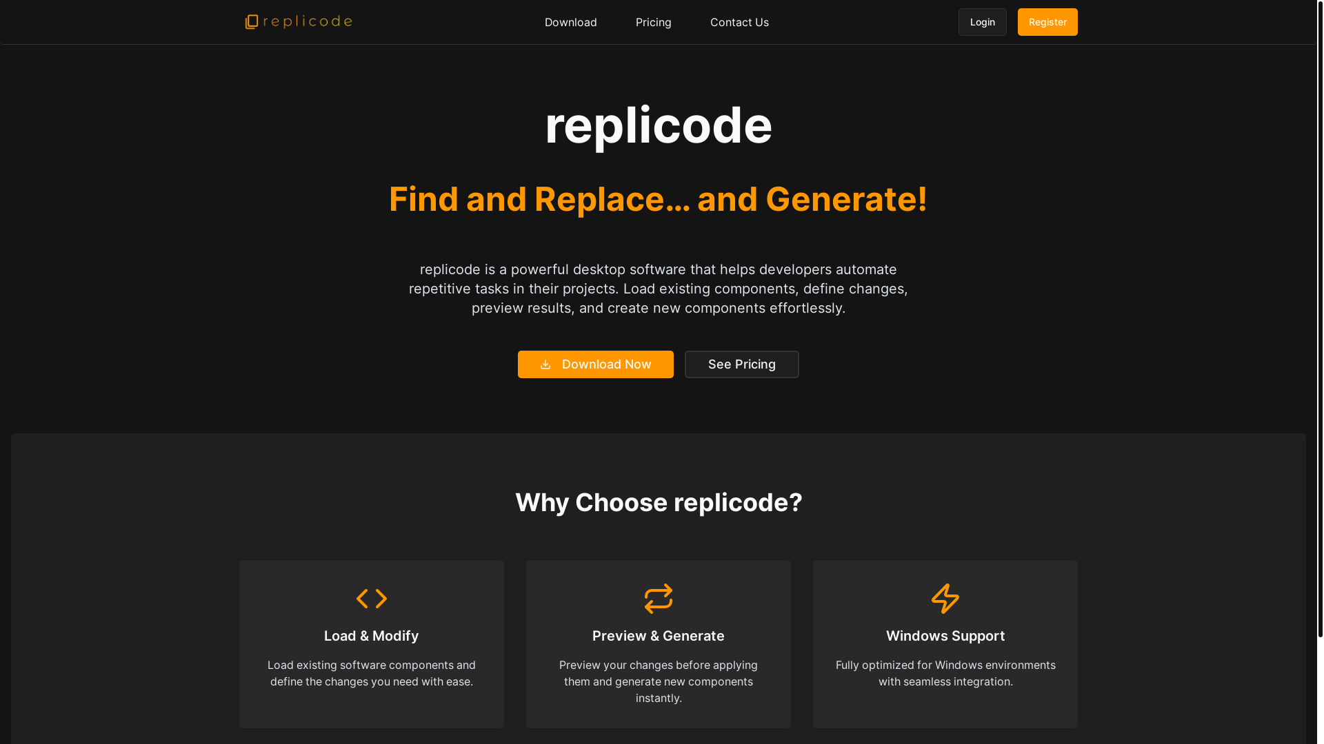 website screenshot of https://getreplicode.com/