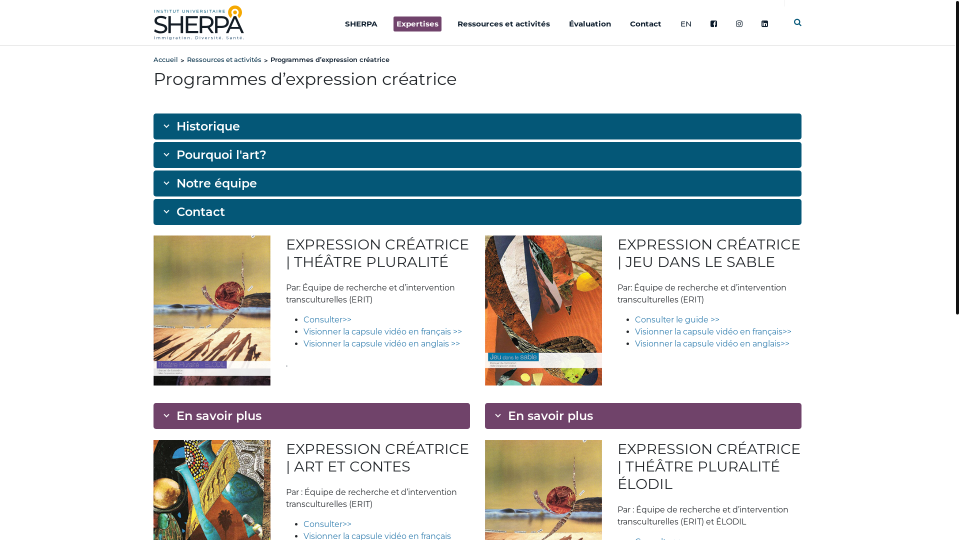 website screenshot of https://programmesdexpressioncreatrice.ca/
