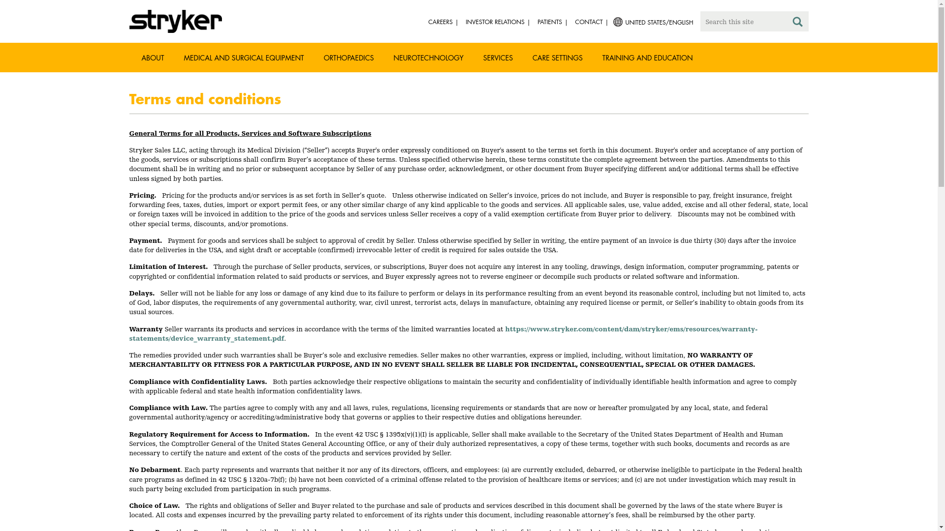 website screenshot of https://www.strykeremergencycare.com/terms