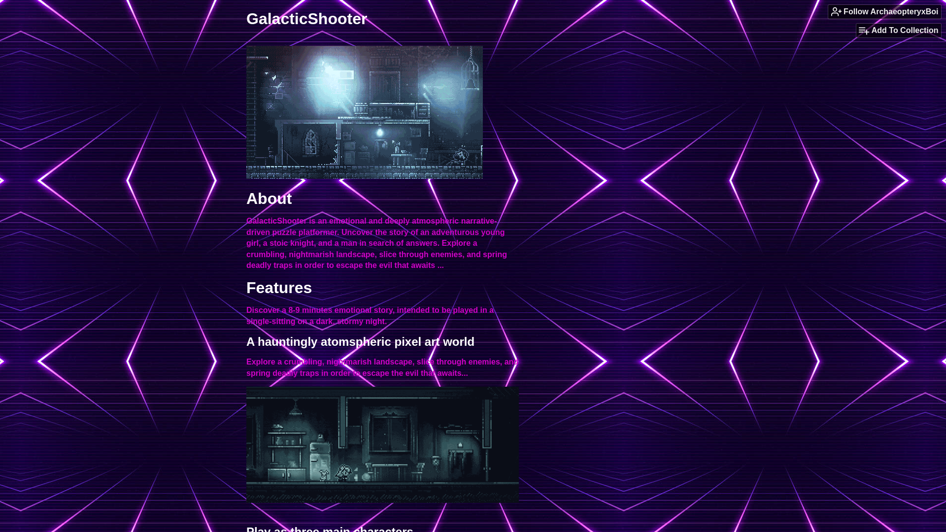 website screenshot of https://archaeopteryxboi.itch.io/galacticshooter