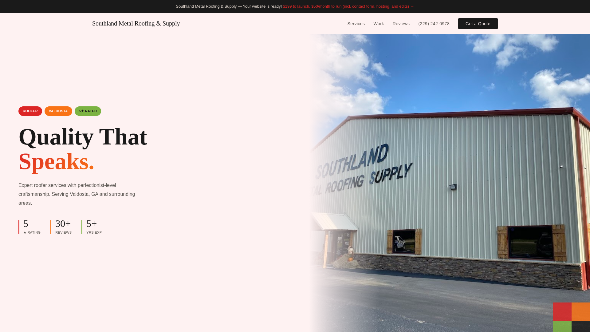website screenshot of https://southland-metal-roofing-supply-demo.pages.dev/