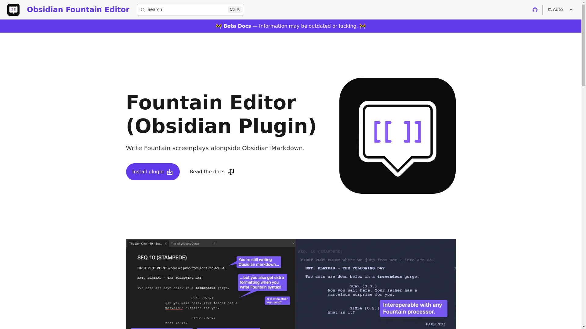 website screenshot of https://obsidian-fountain-editor.pages.dev/