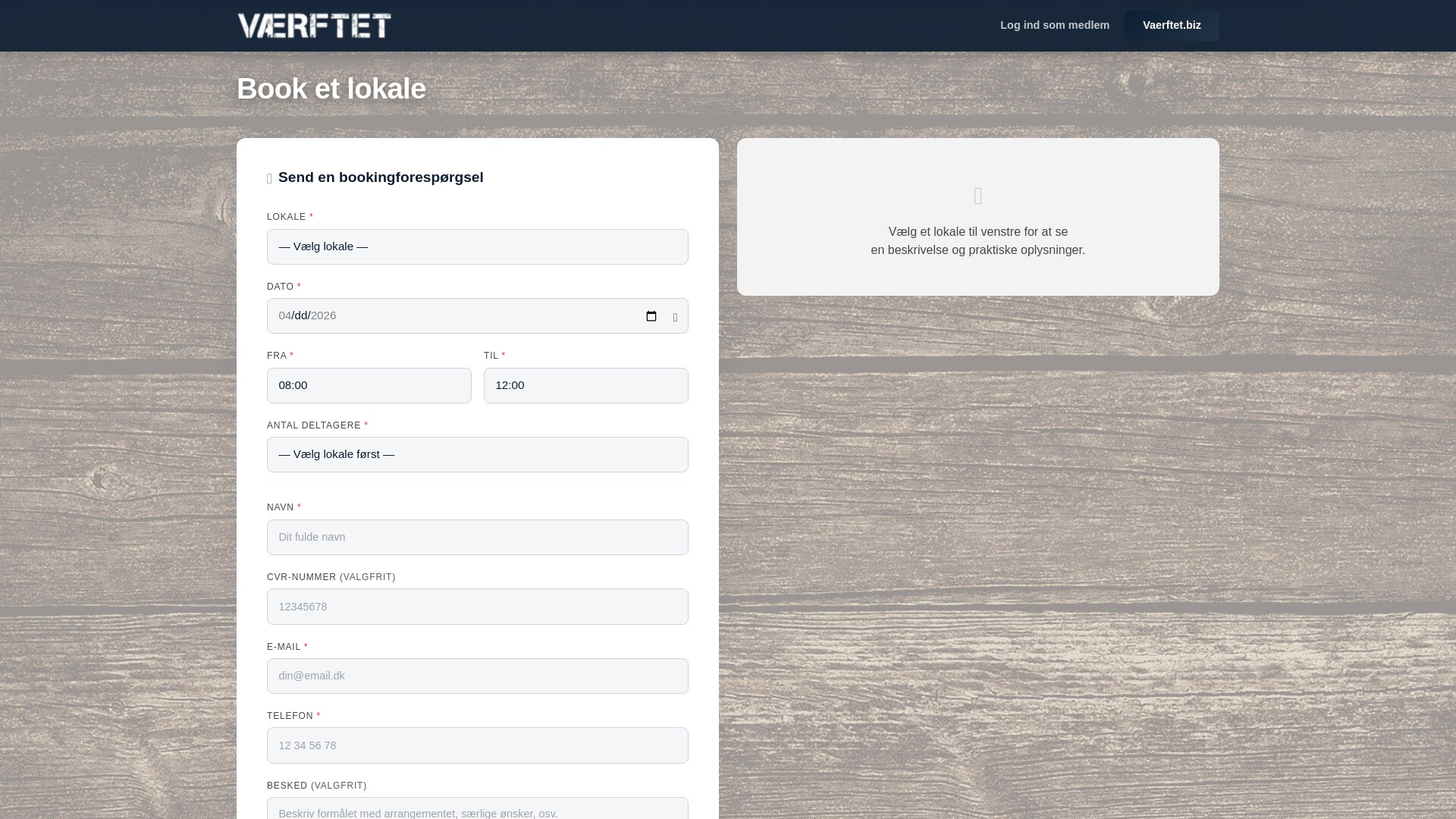 website screenshot of https://vaerftetbooking.dk