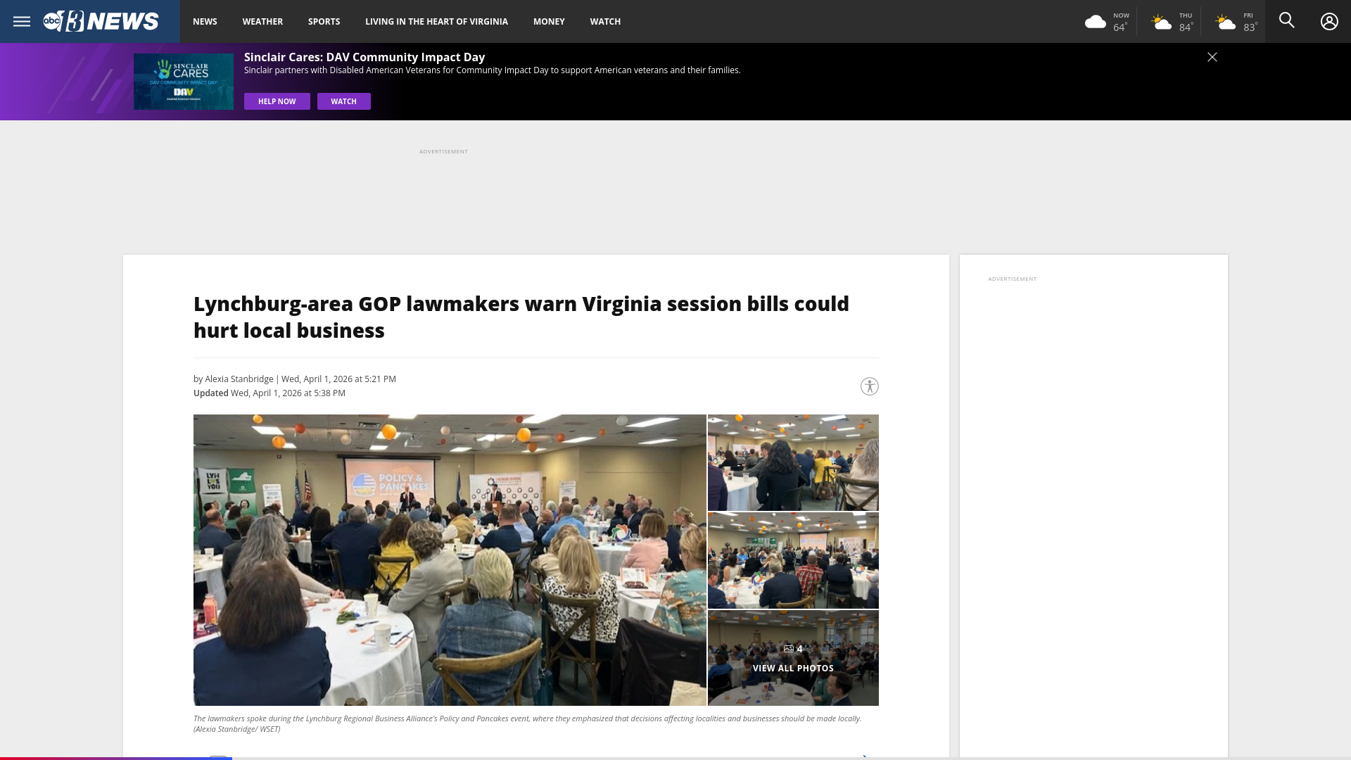 website screenshot of https://wset.com/news/local/lynchburg-area-gop-lawmakers-warn-virginia-session-bills-could-hurt-local-business-policy-and-pancakes-general-assembly-legislation-march-2026