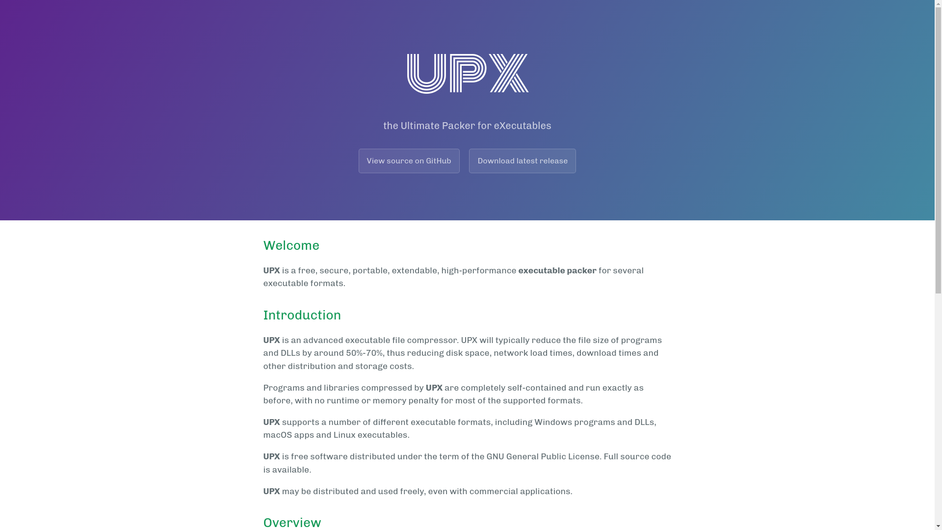 website screenshot of https://upx.github.io/