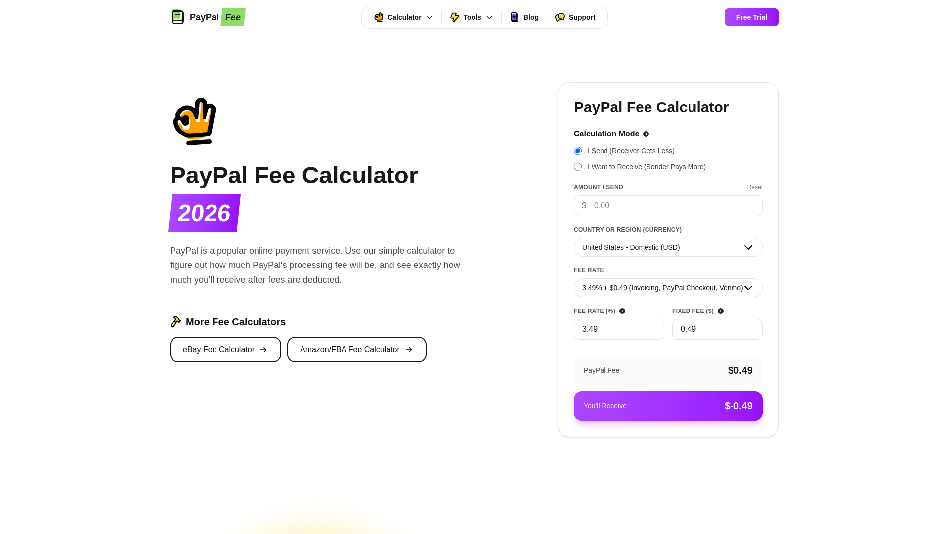 website screenshot of https://paypalfeecalculator.org/