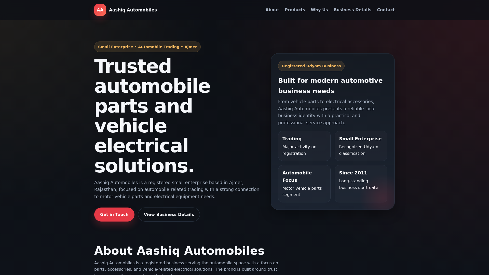 website screenshot of https://aashiq-automobiles.shop/