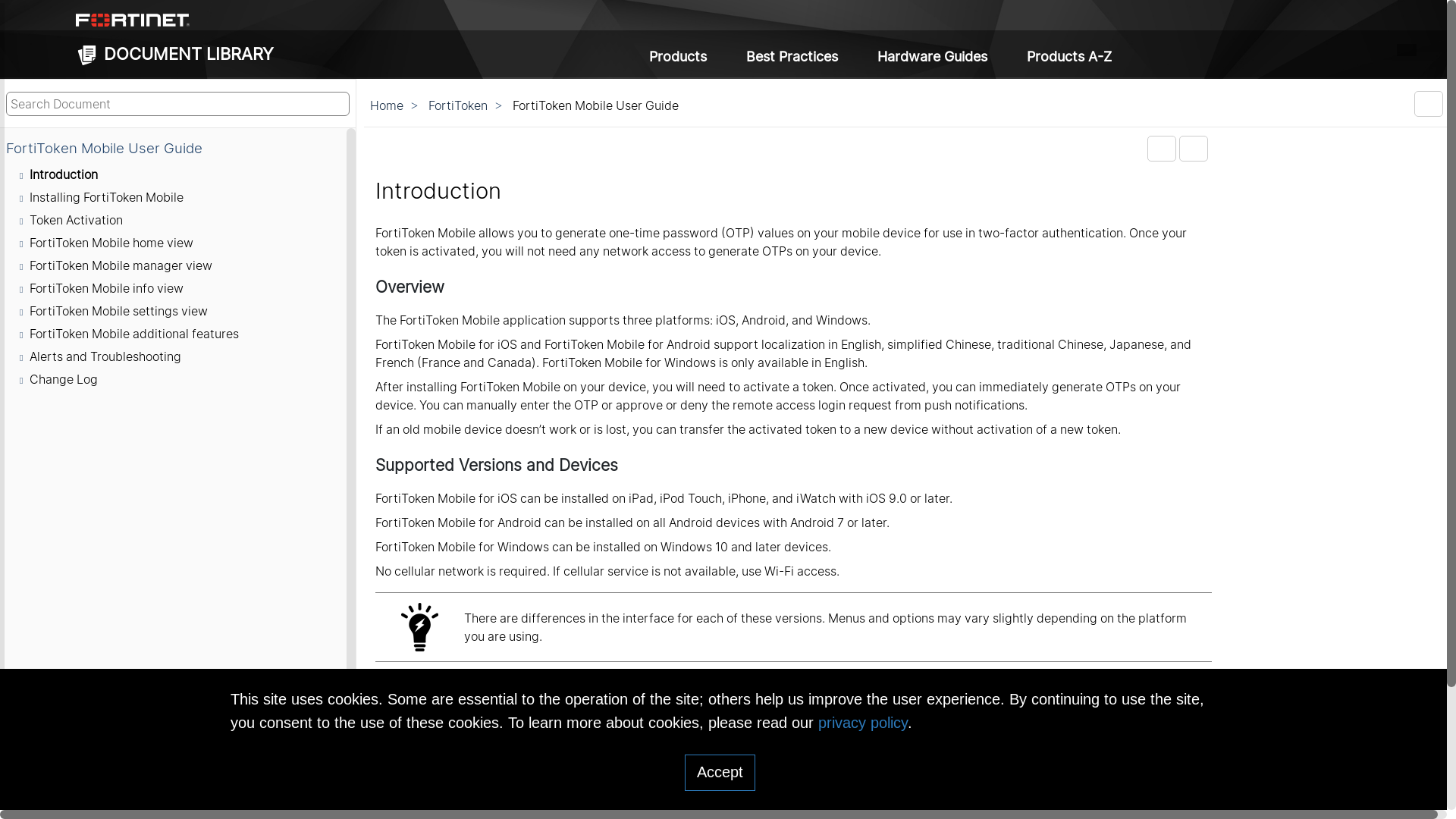 website screenshot of https://docs.fortinet.com/document/fortitoken/latest/fortitoken-mobile-user-guide
