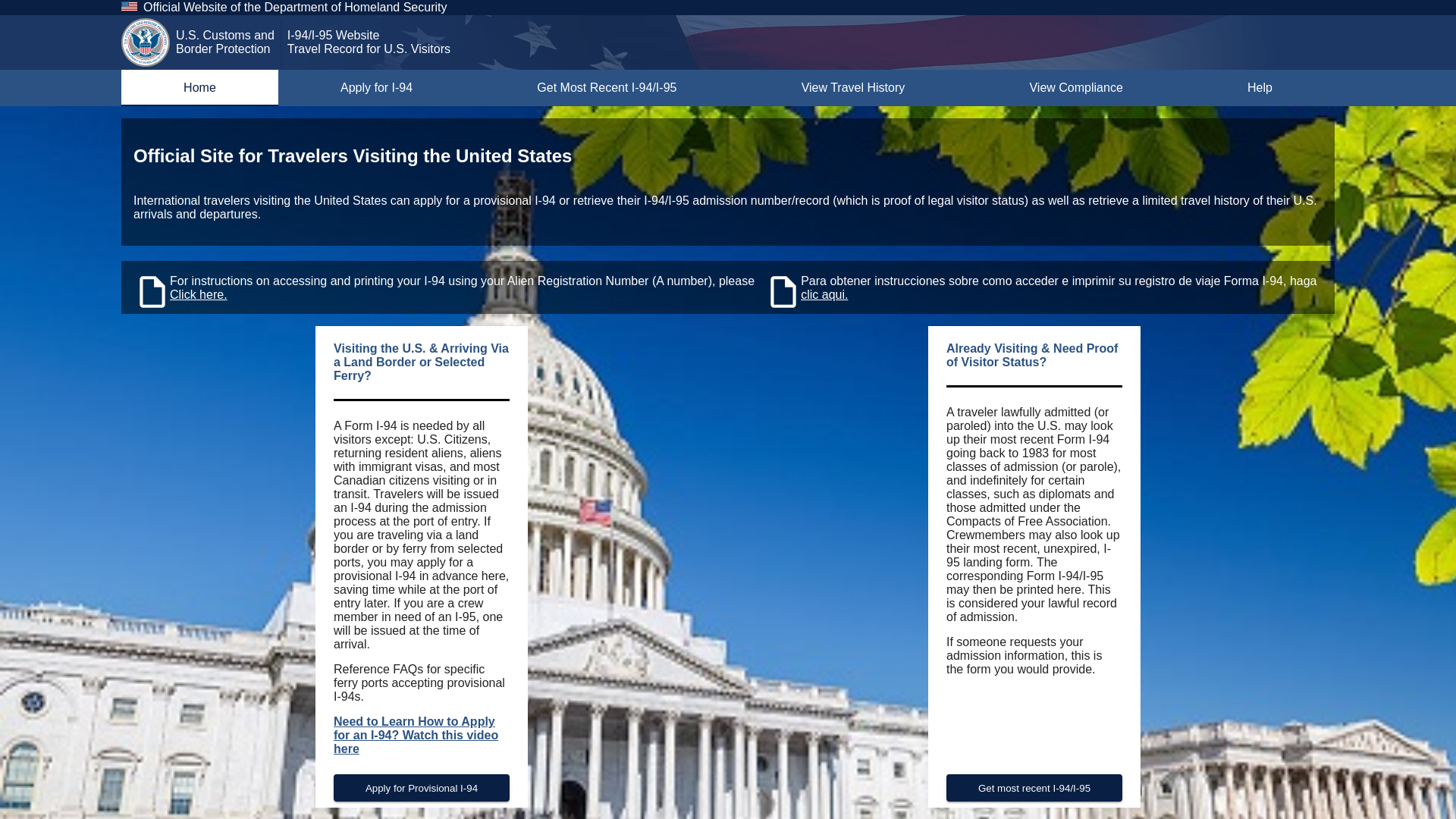website screenshot of https://i94.cbp.dhs.gov/