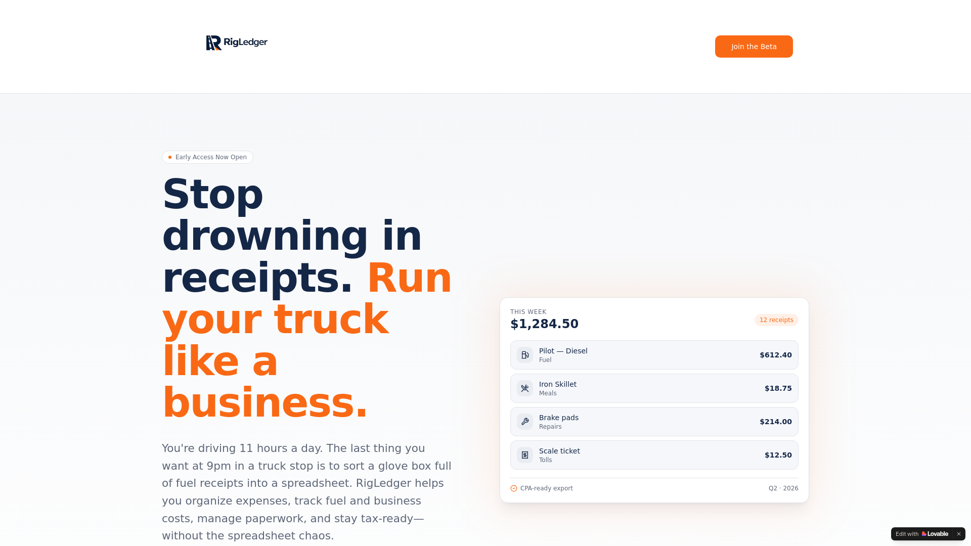 website screenshot of https://getrigledger.com/