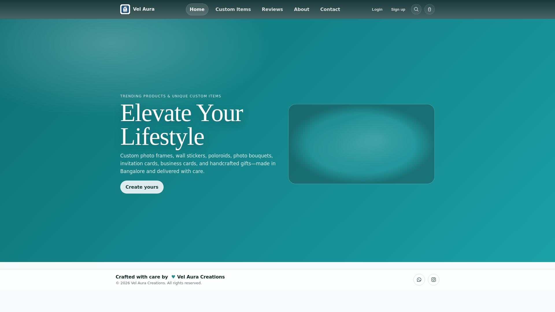 website screenshot of https://velauracreations.in/