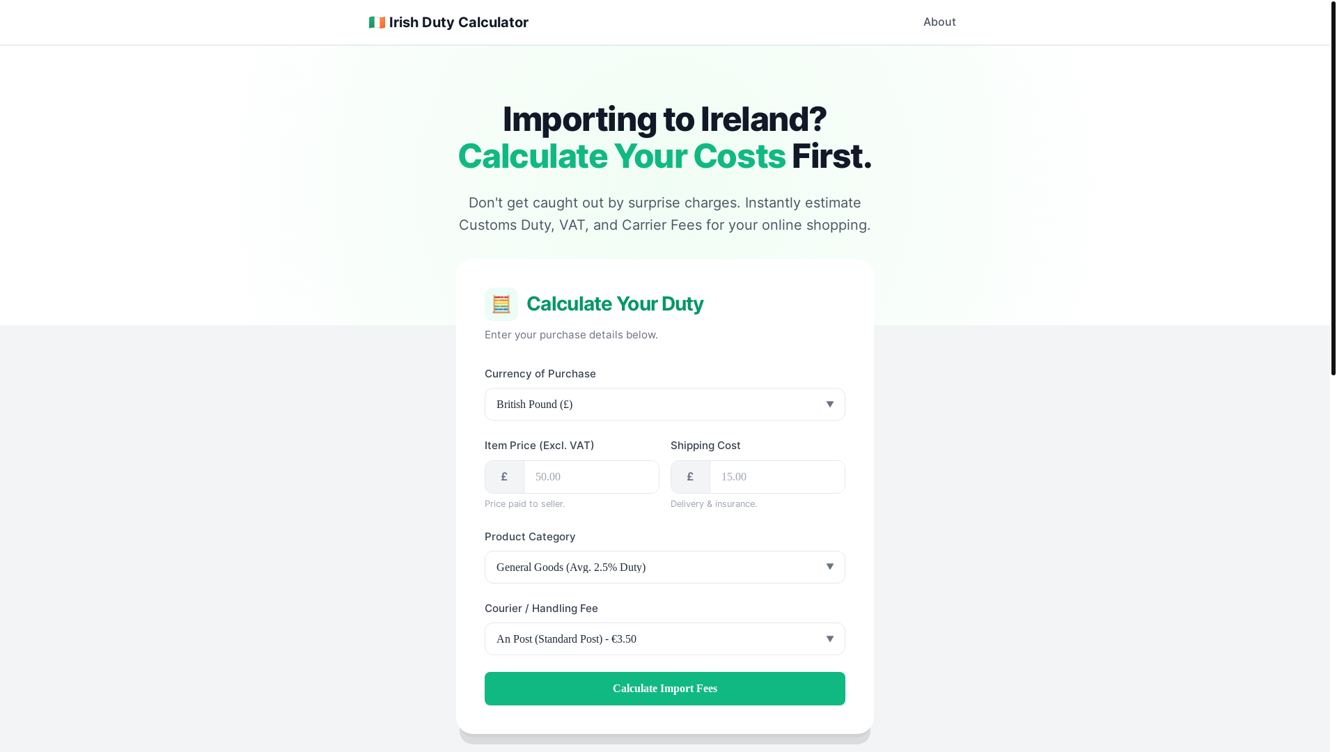 website screenshot of https://irish-duty-calculator.pages.dev/