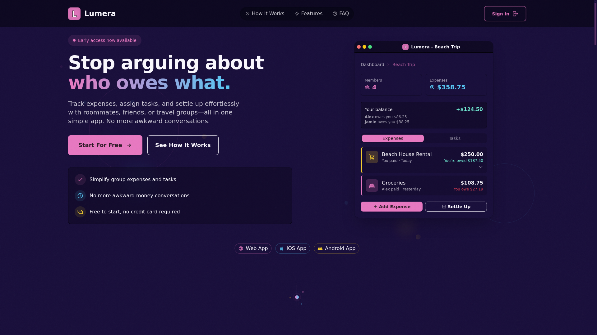 website screenshot of https://trylumera.app/