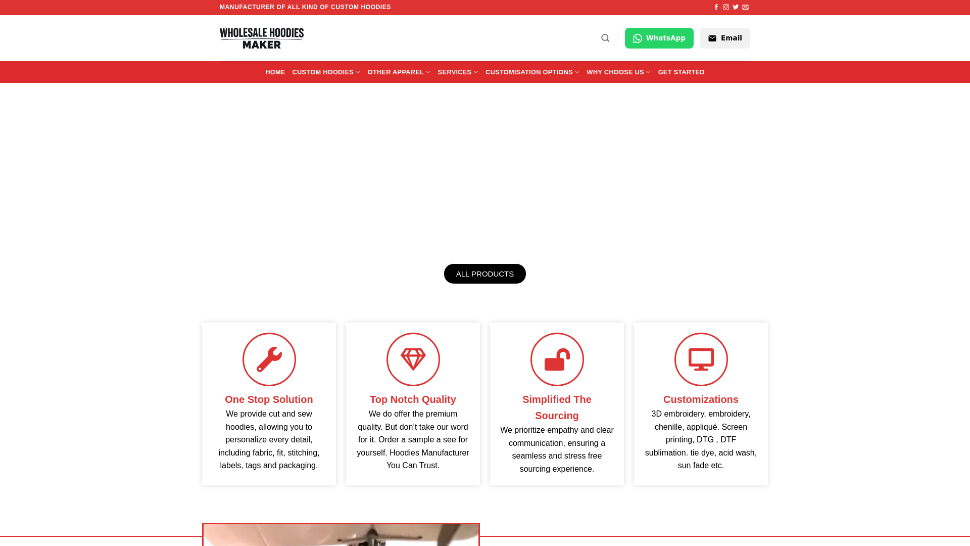 website screenshot of https://wholesalehoodiesmaker.com/