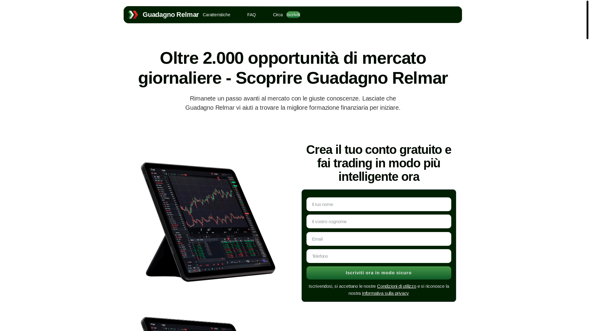 website screenshot of https://guadagnorelmarpiattaforma.it/