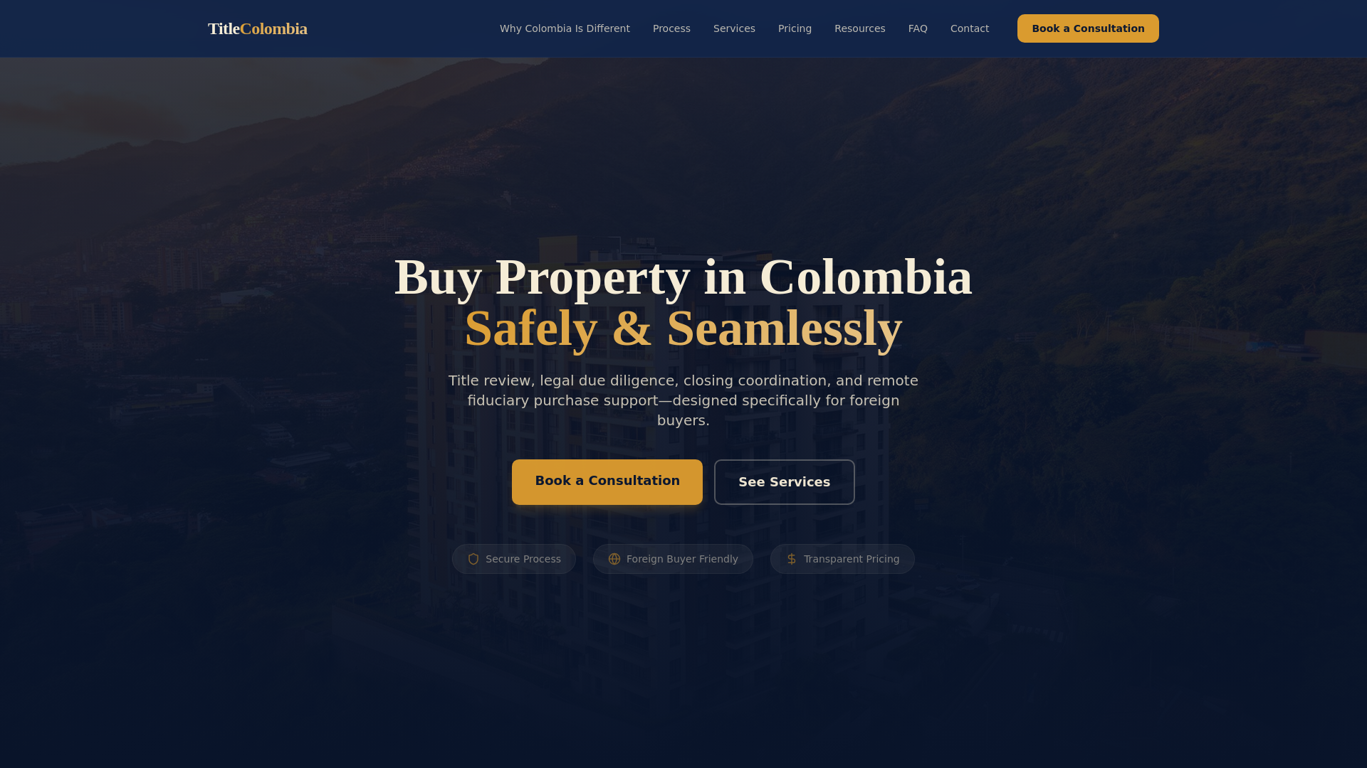 website screenshot of https://titlecolombia.com