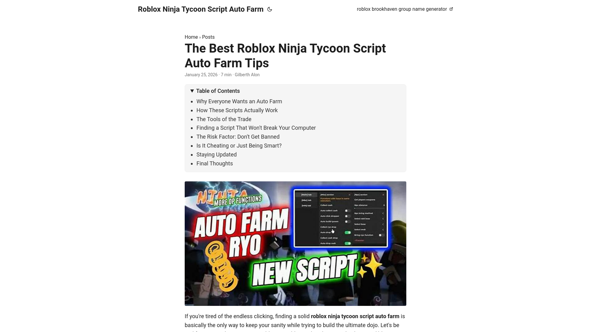 website screenshot of https://roblox-ninja-tycoon-script-auto-farm.pages.dev/