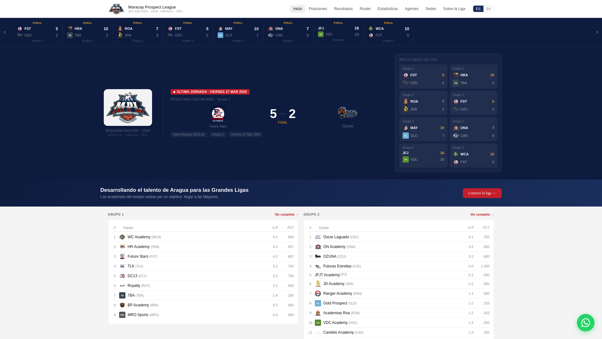 website screenshot of https://maracayprospectleague.com