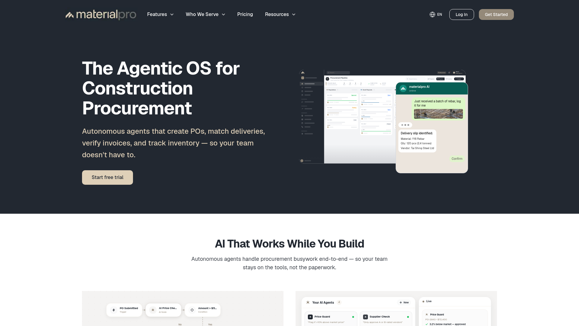 website screenshot of https://materialproworks.com