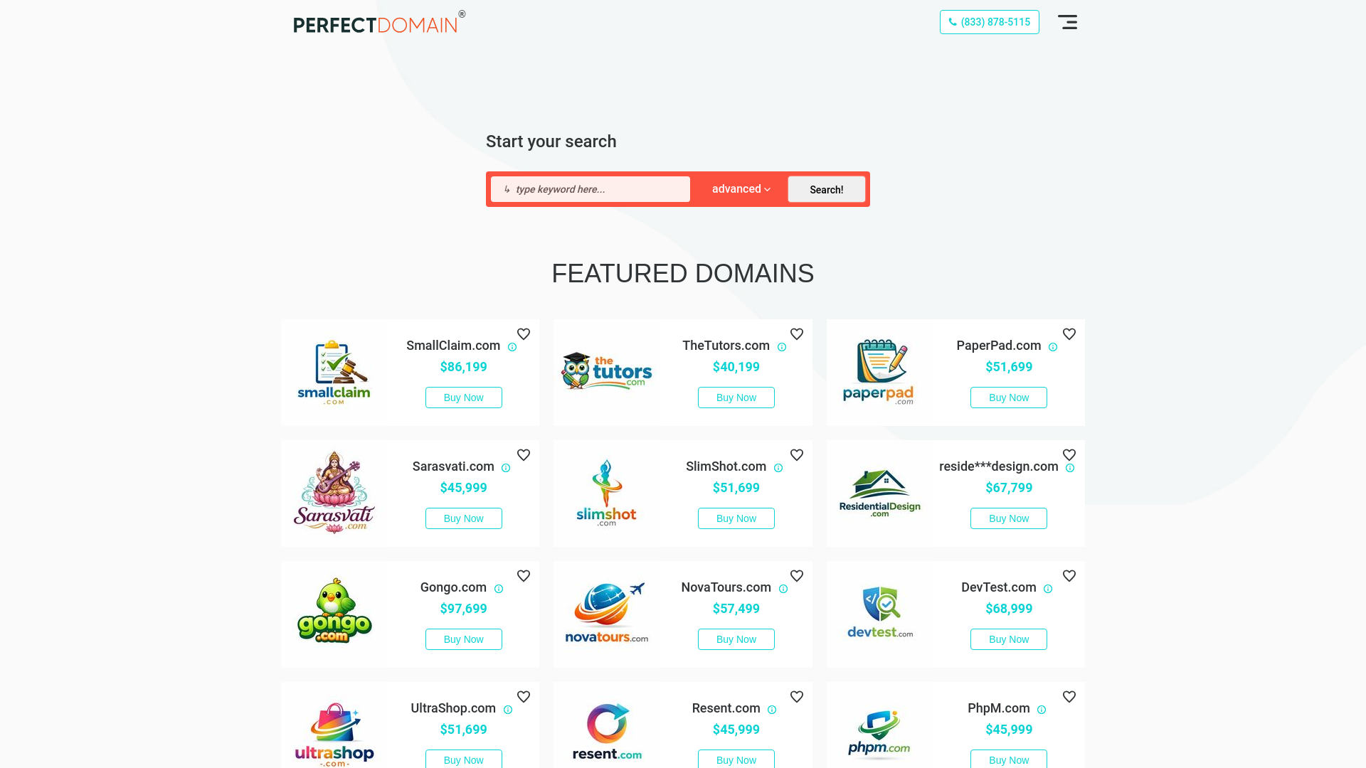 website screenshot of https://perfectdomain.com