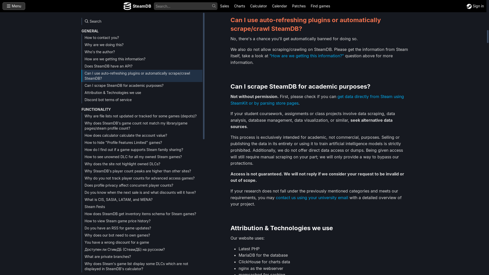 website screenshot of https://steamdb.info/faq/#can-i-use-auto-refreshing-plugins-or-automatically-scrape-crawl-steamdb