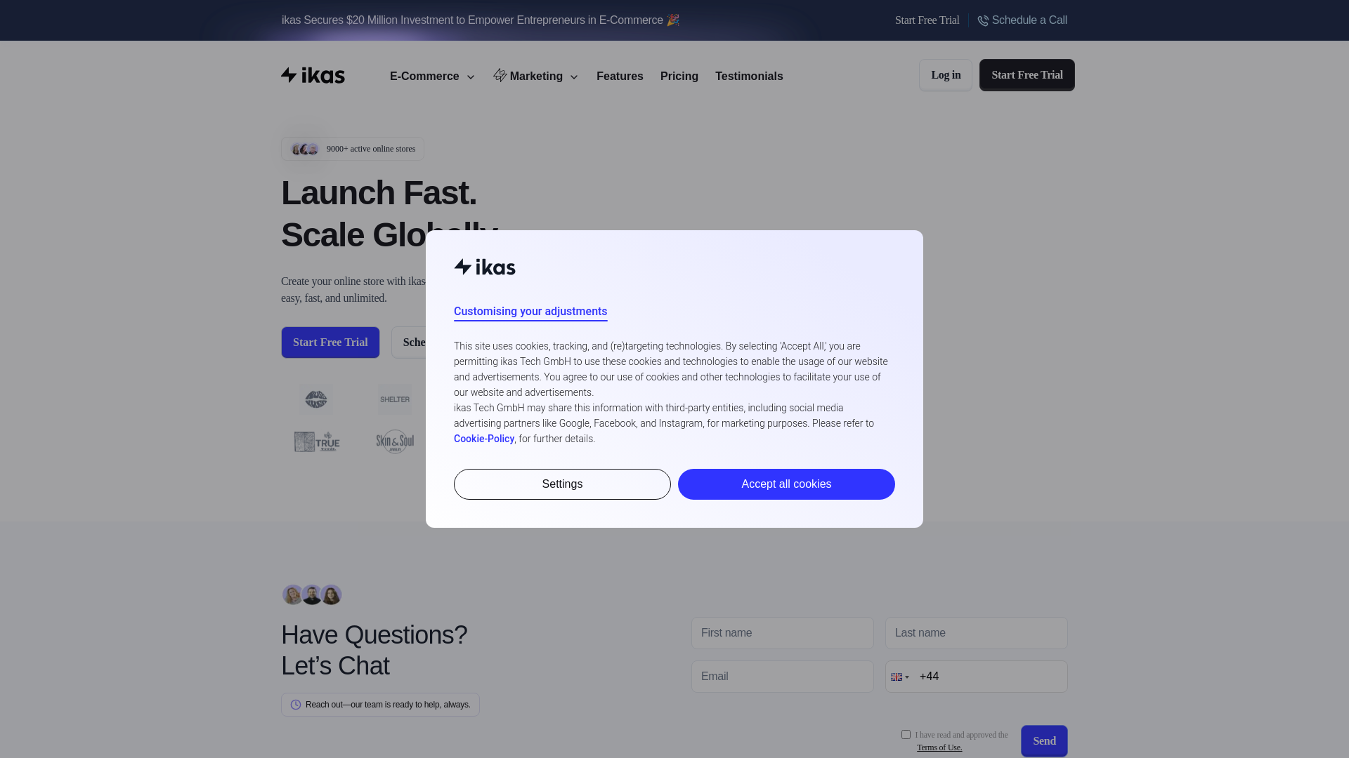 website screenshot of https://ikas.com/