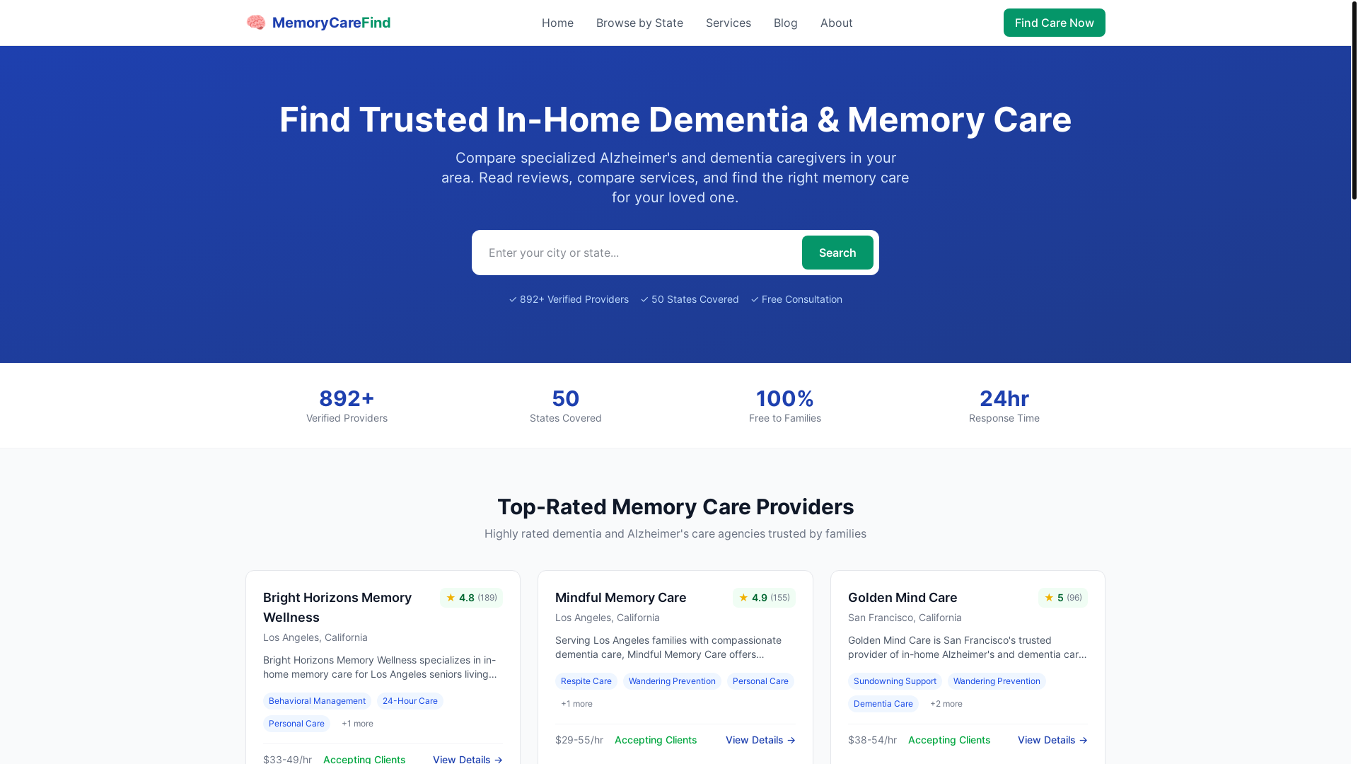 website screenshot of https://memorycarefind.com/