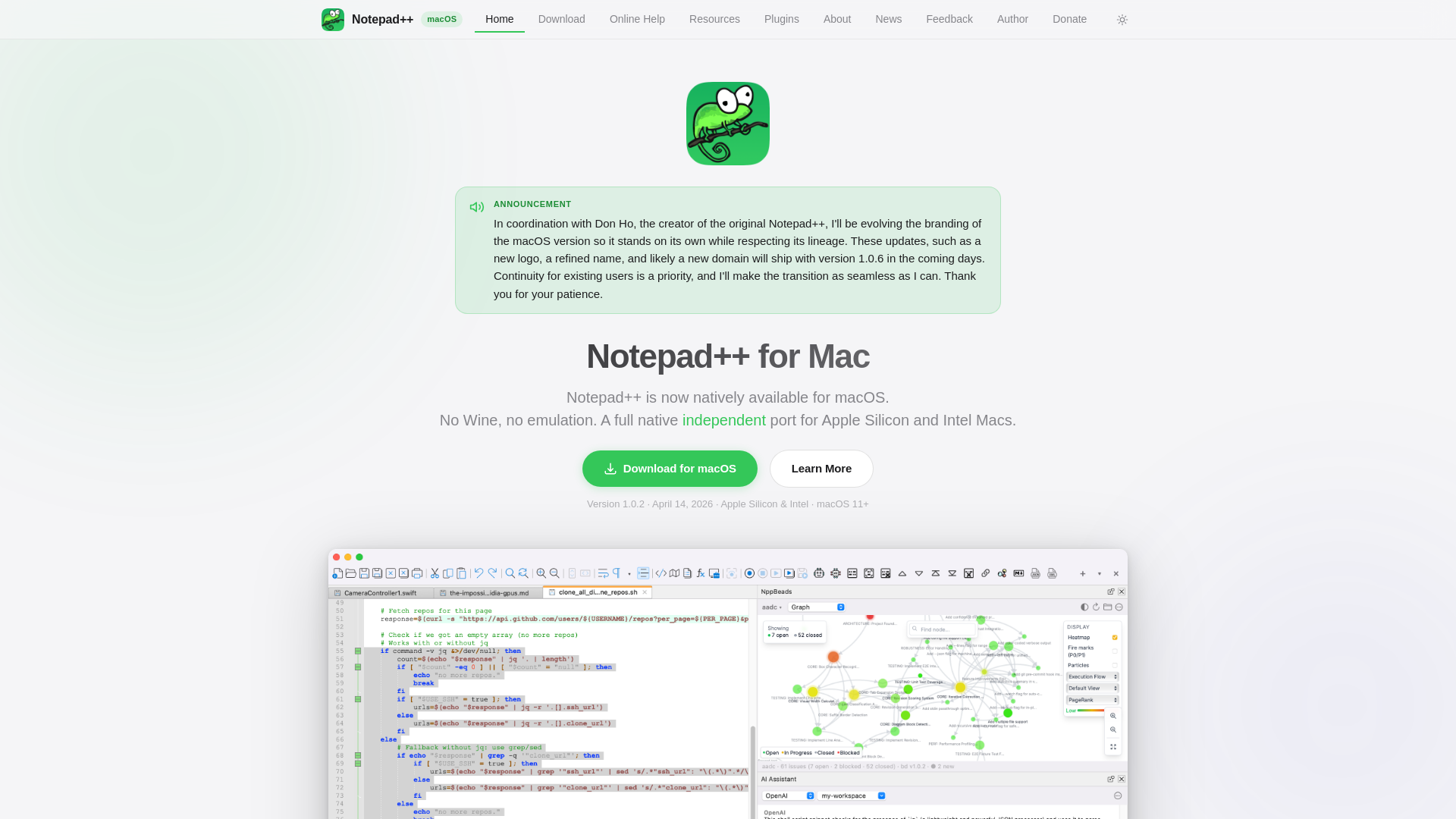 website screenshot of https://notepad-plus-plus-mac.org
