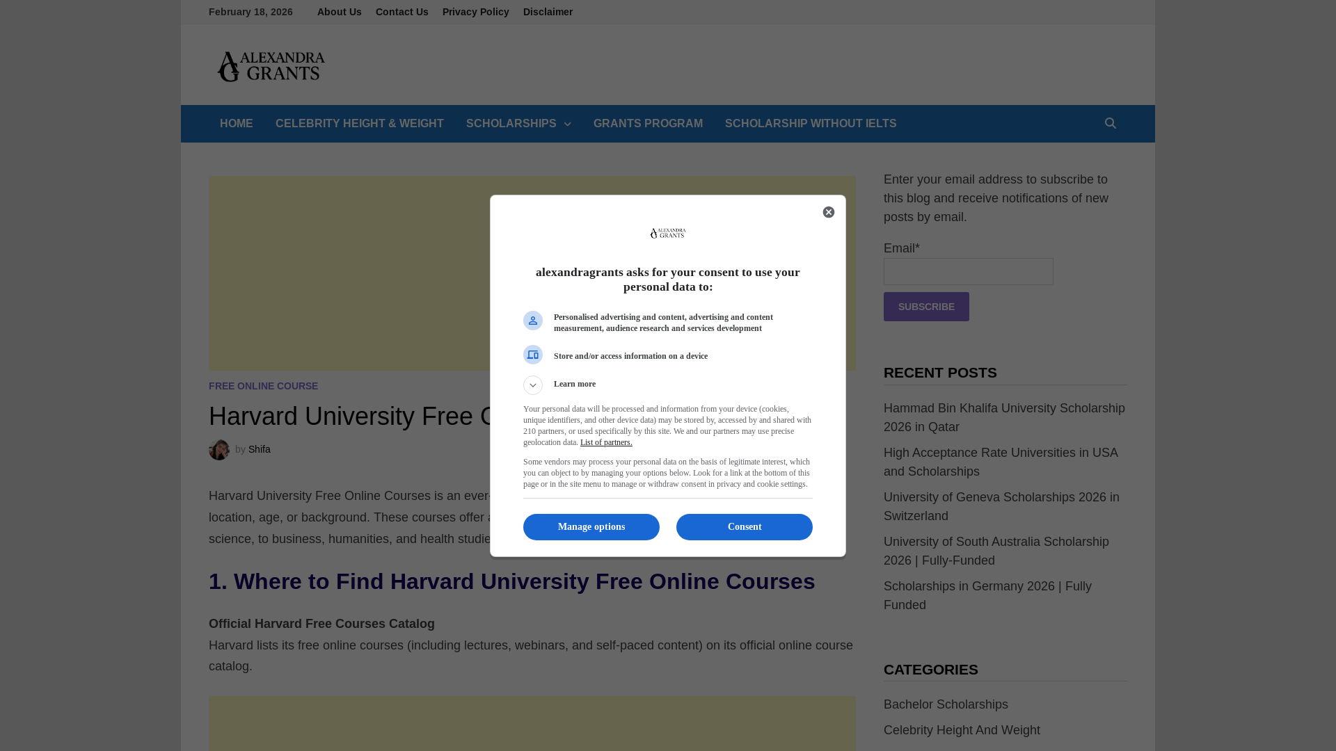 website screenshot of https://alexandragrants.com/harvard-university-free.../