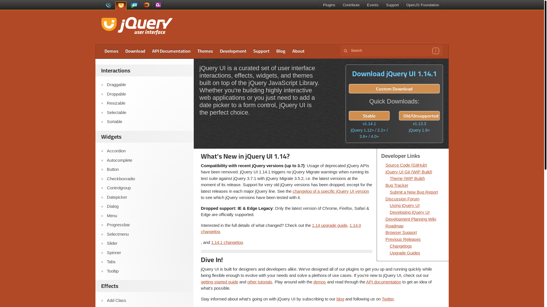 website screenshot of https://jqueryui.com/