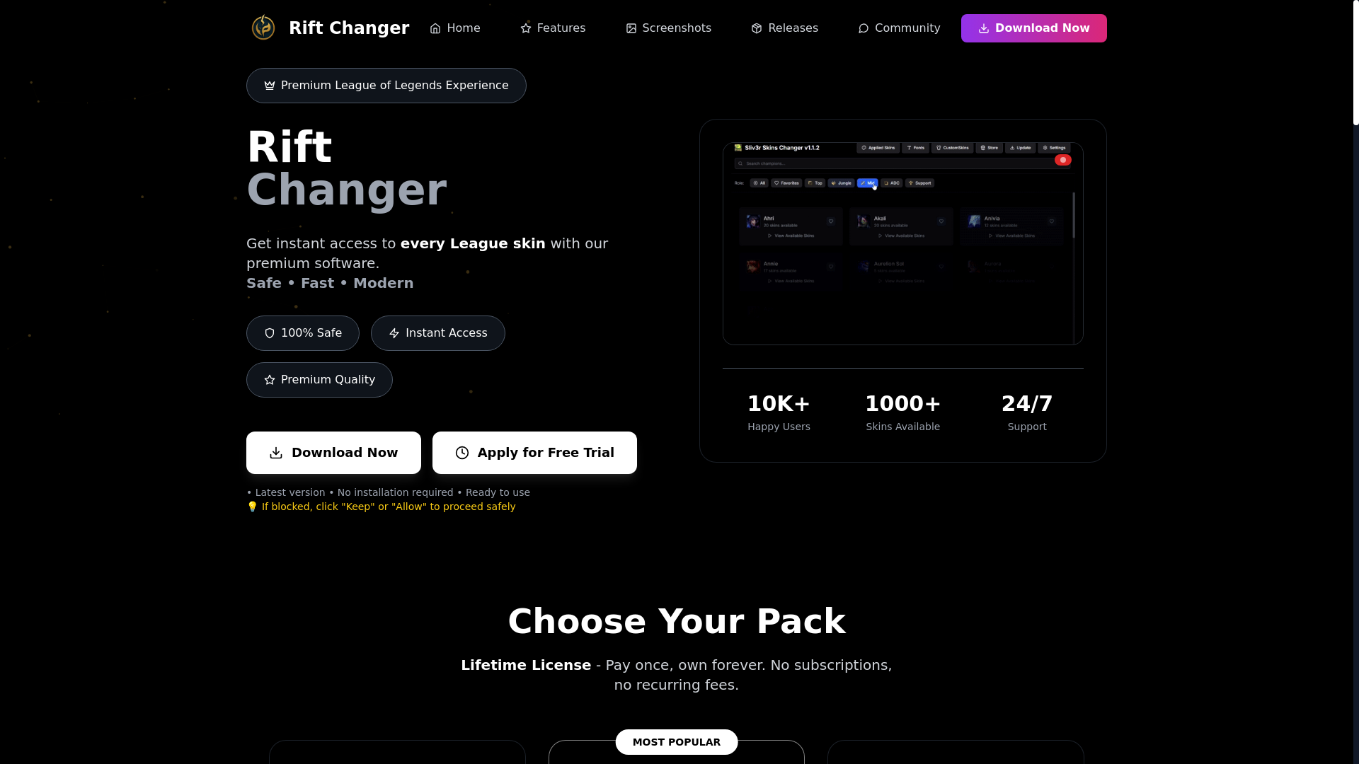 website screenshot of https://riftchanger.com/