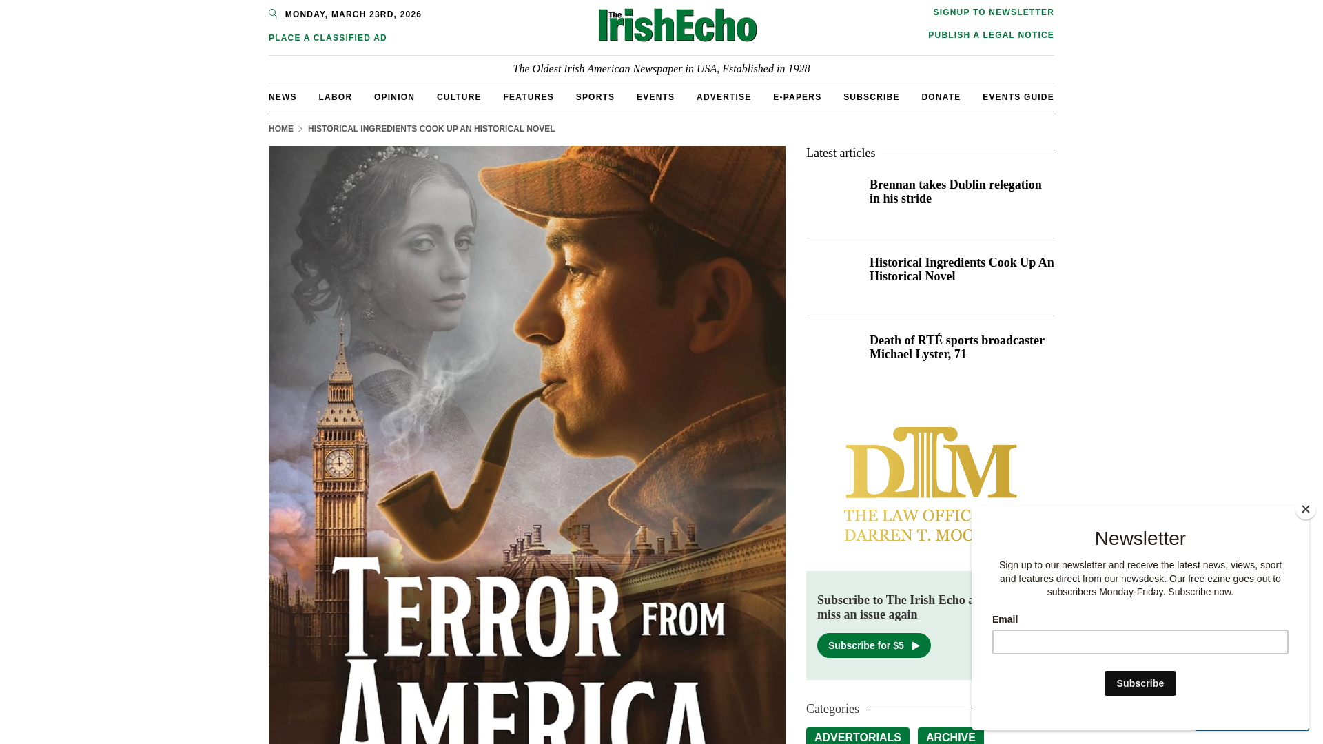 website screenshot of https://www.irishecho.com/2026/3/historical-ingredients-cook-up-an-historical-novel