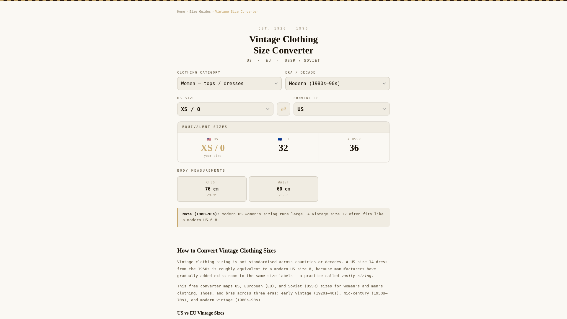 website screenshot of https://vintagesizeconverter.com/