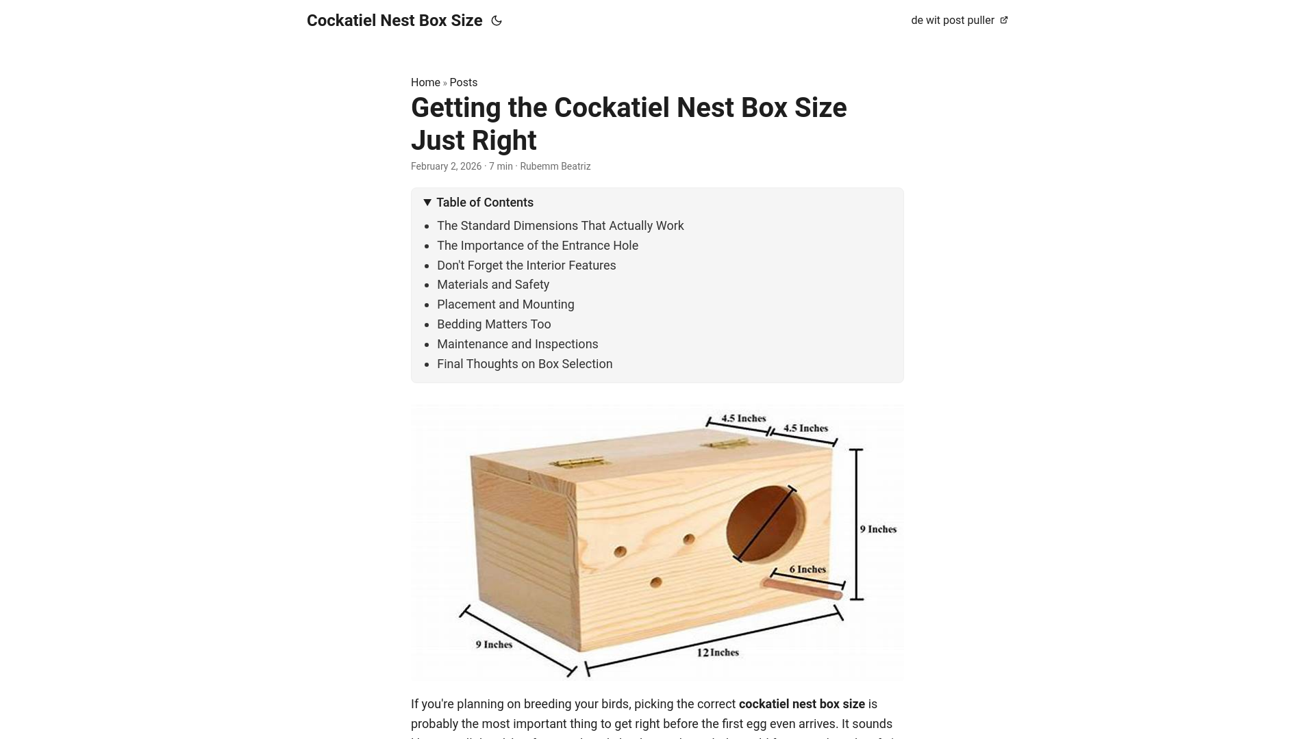 website screenshot of https://cockatiel-nest-box-size.pages.dev/