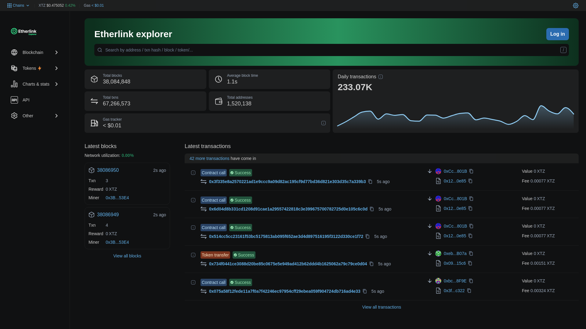 website screenshot of https://explorer.etherlink.com