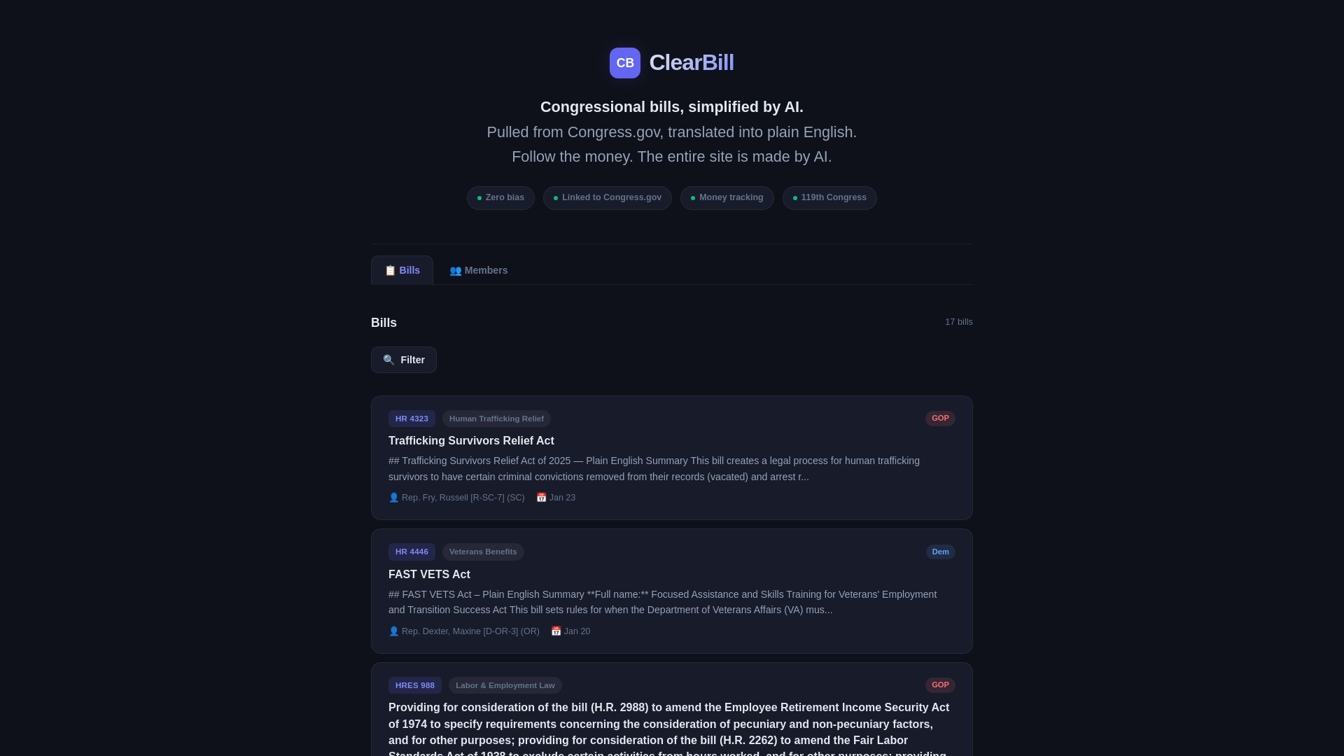 website screenshot of https://clearbill.info/