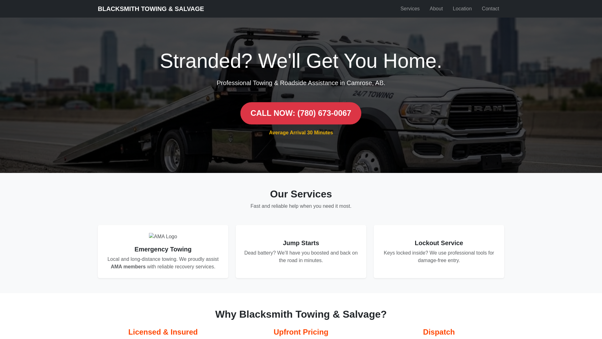 website screenshot of https://blacksmithtowing.pages.dev/