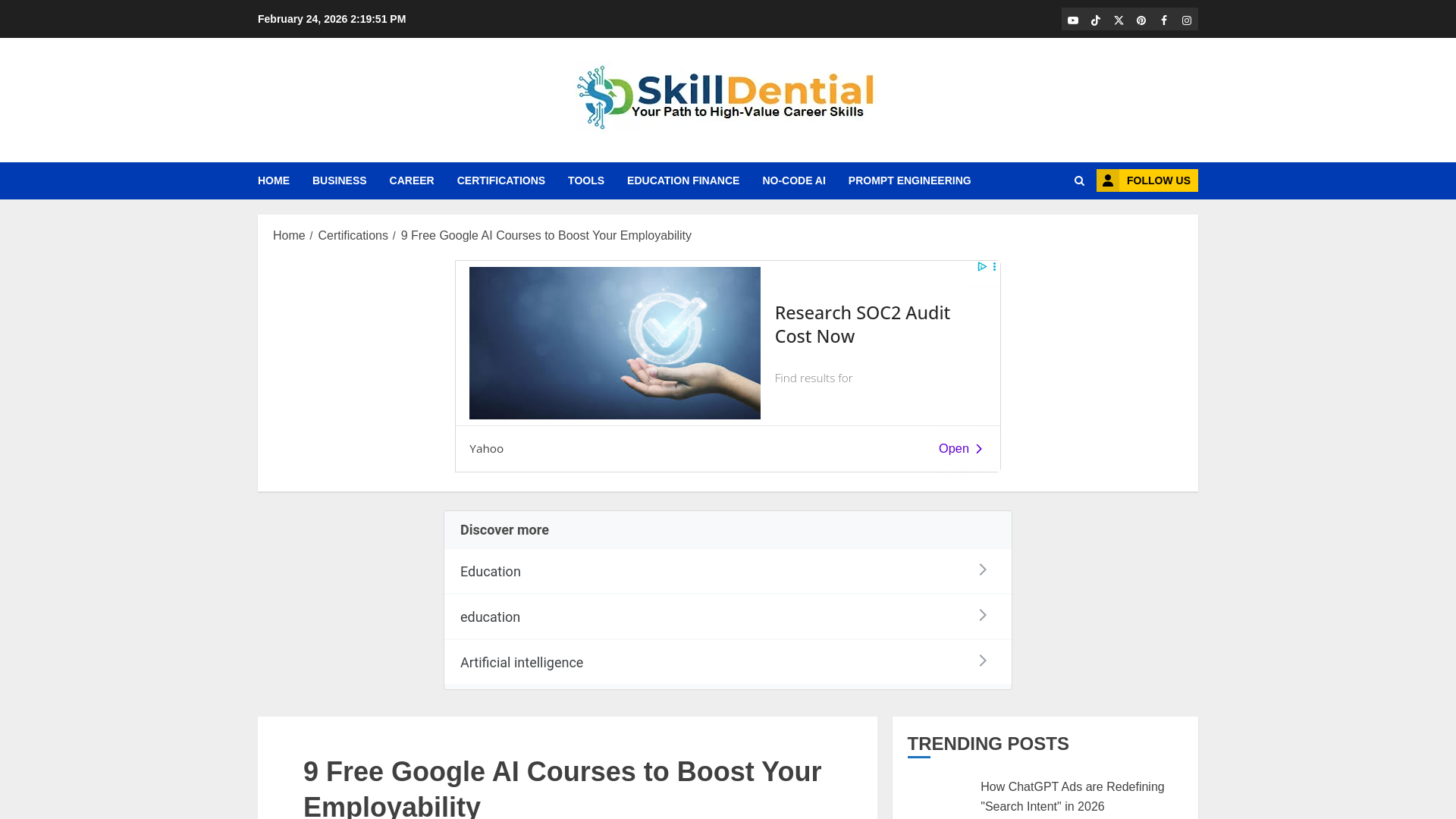 website screenshot of https://skilldential.com/free-google-ai-courses/