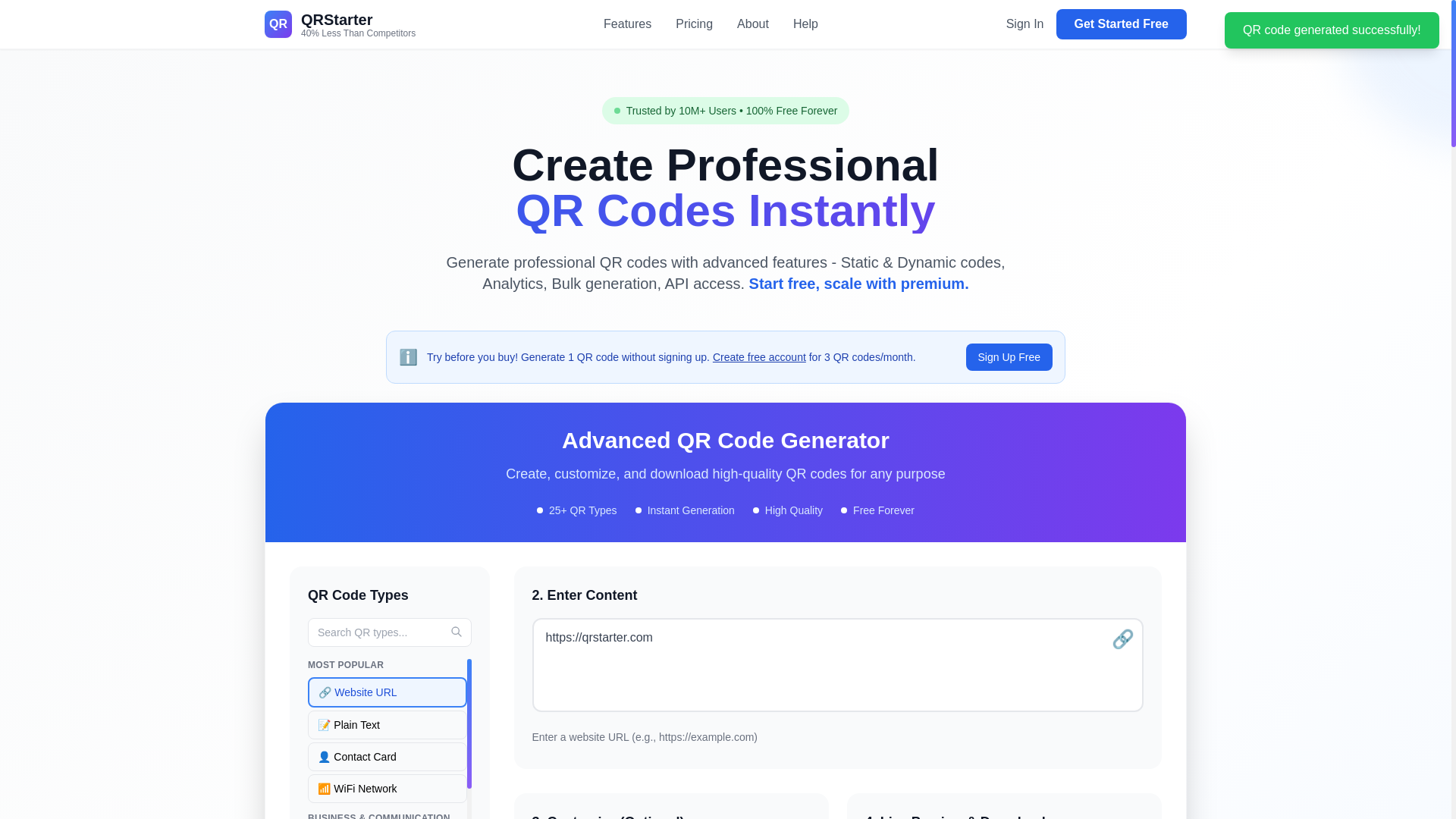 website screenshot of https://qrstarter.com/