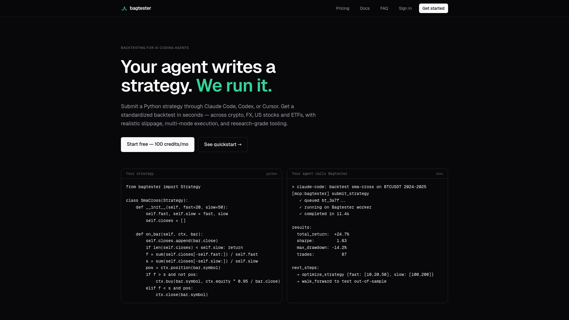 website screenshot of https://bagtester.com/