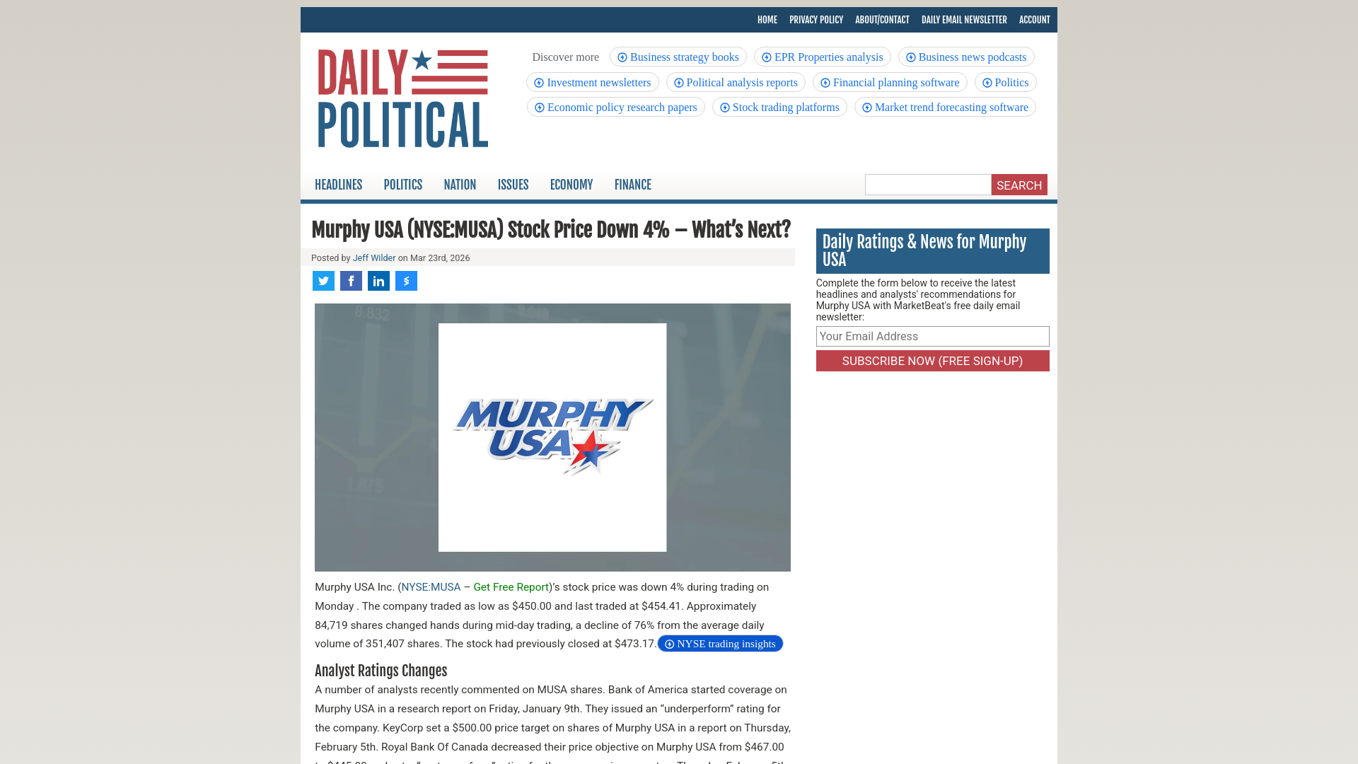 website screenshot of https://www.dailypolitical.com/2026/03/23/murphy-usa-nysemusa-stock-price-down-4-whats-next.html