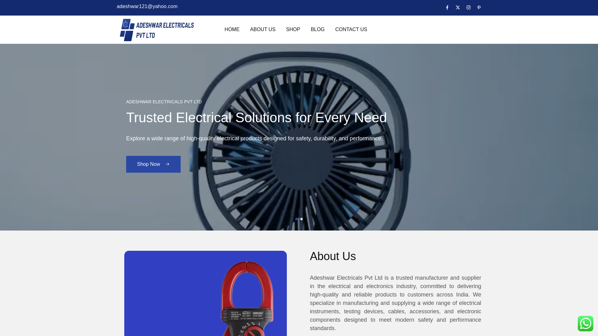 website screenshot of https://adeshwarelectricals.co.in